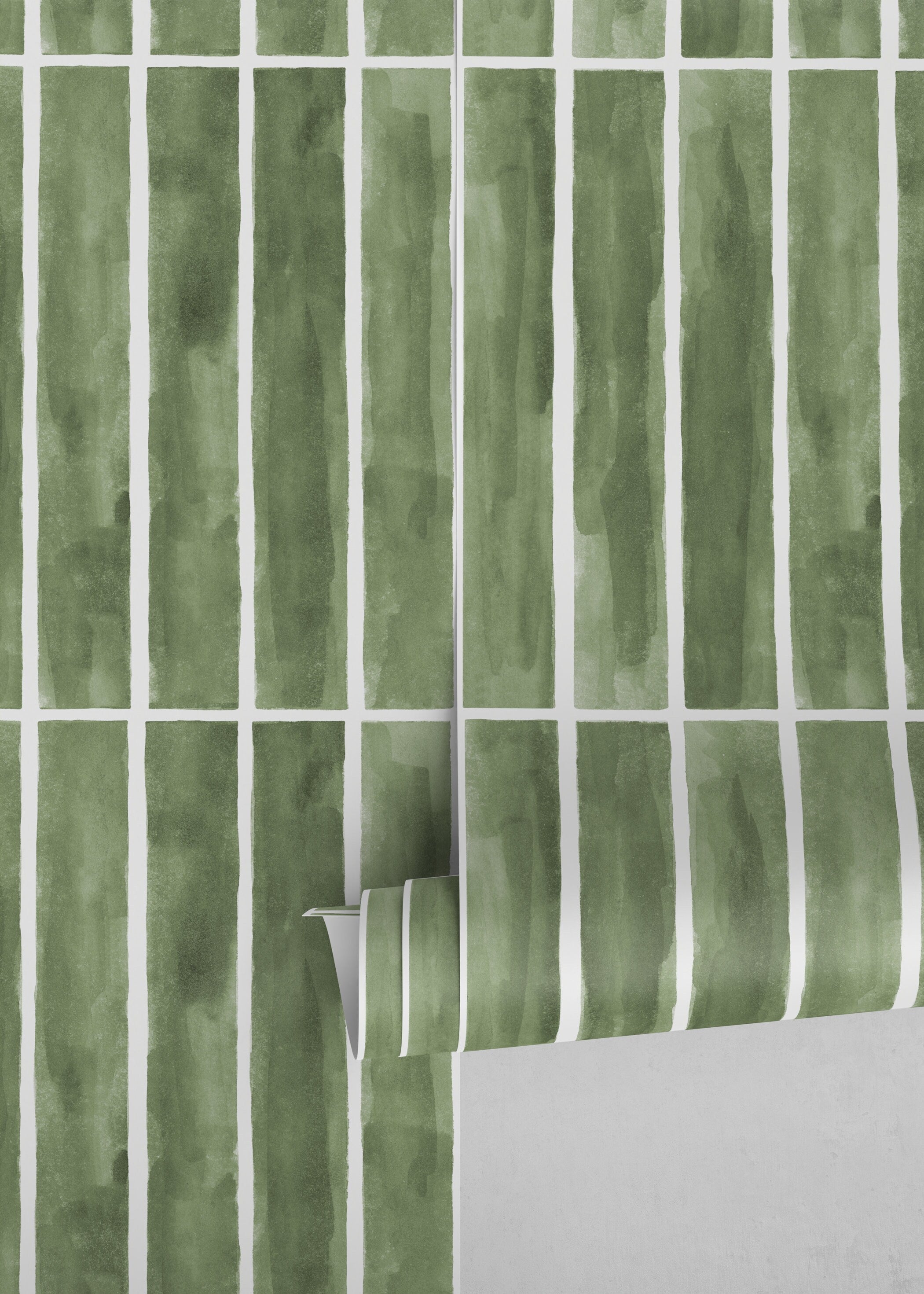 Geometric Wallpaper With A Watercolor Tile Motif In Green And White - D325