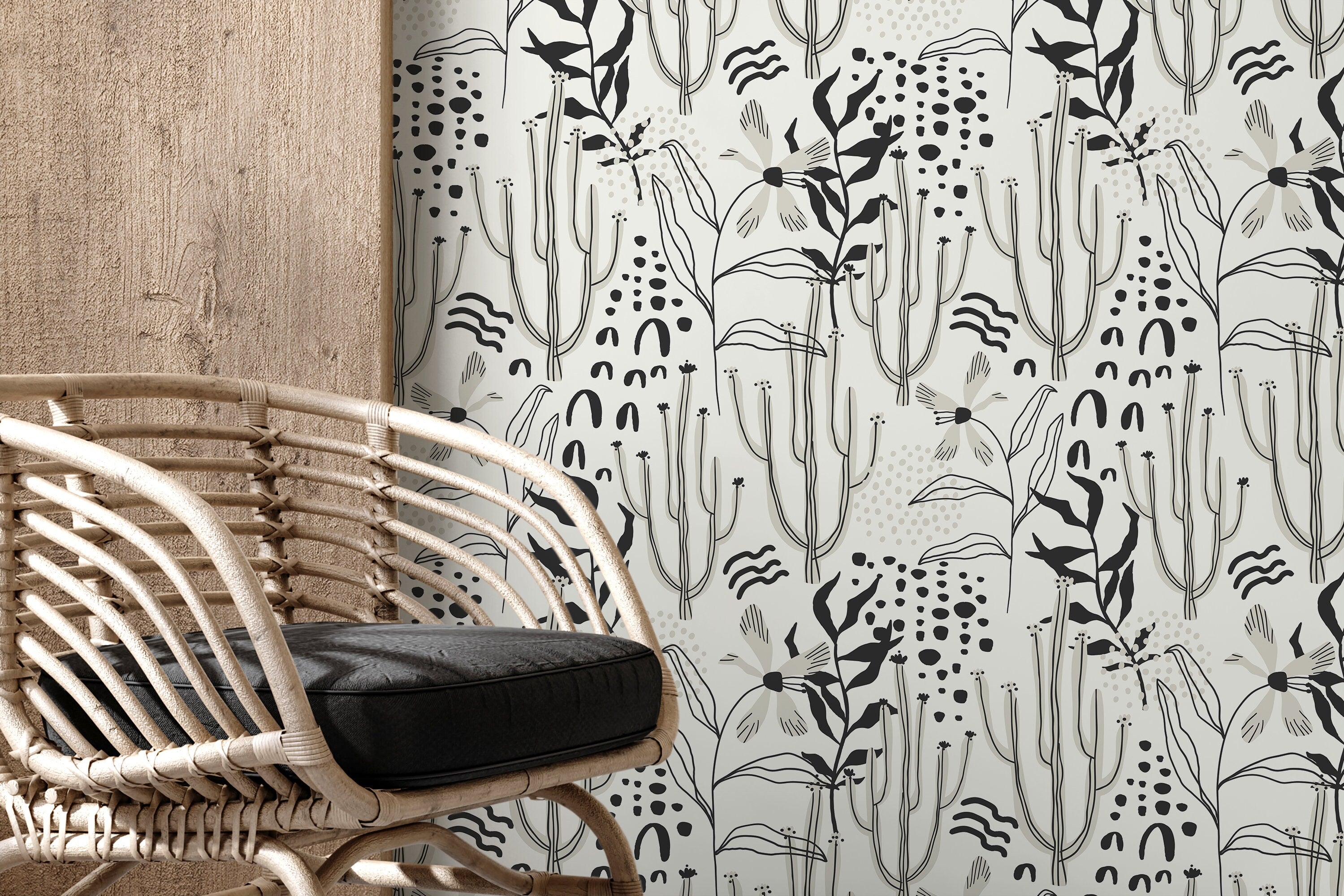 Floral Wallpaper With Abstract Cacti And Wildflowers In Black And Gray - D315