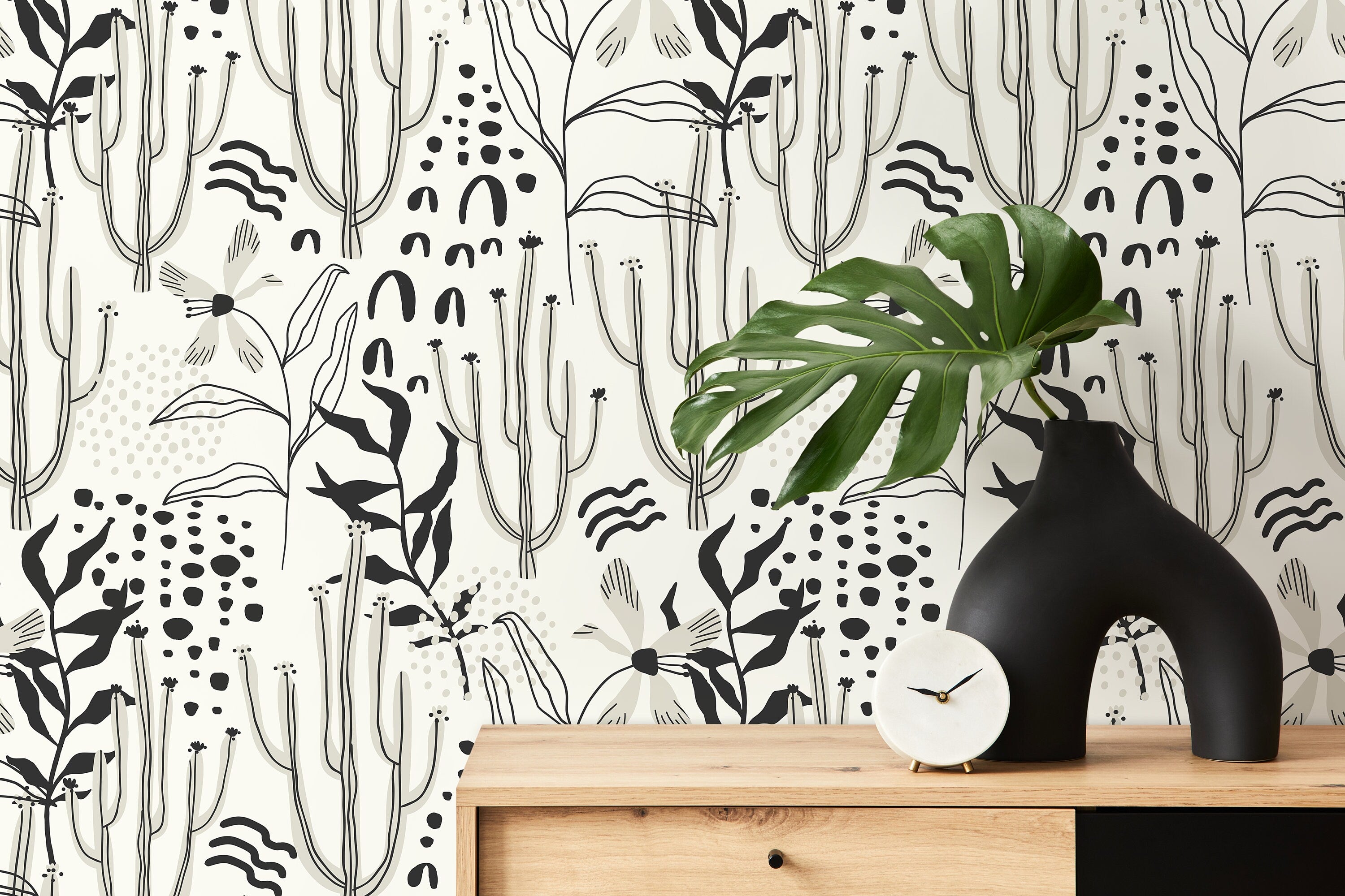 Floral Wallpaper With Abstract Cacti And Wildflowers In Black And Gray - D315