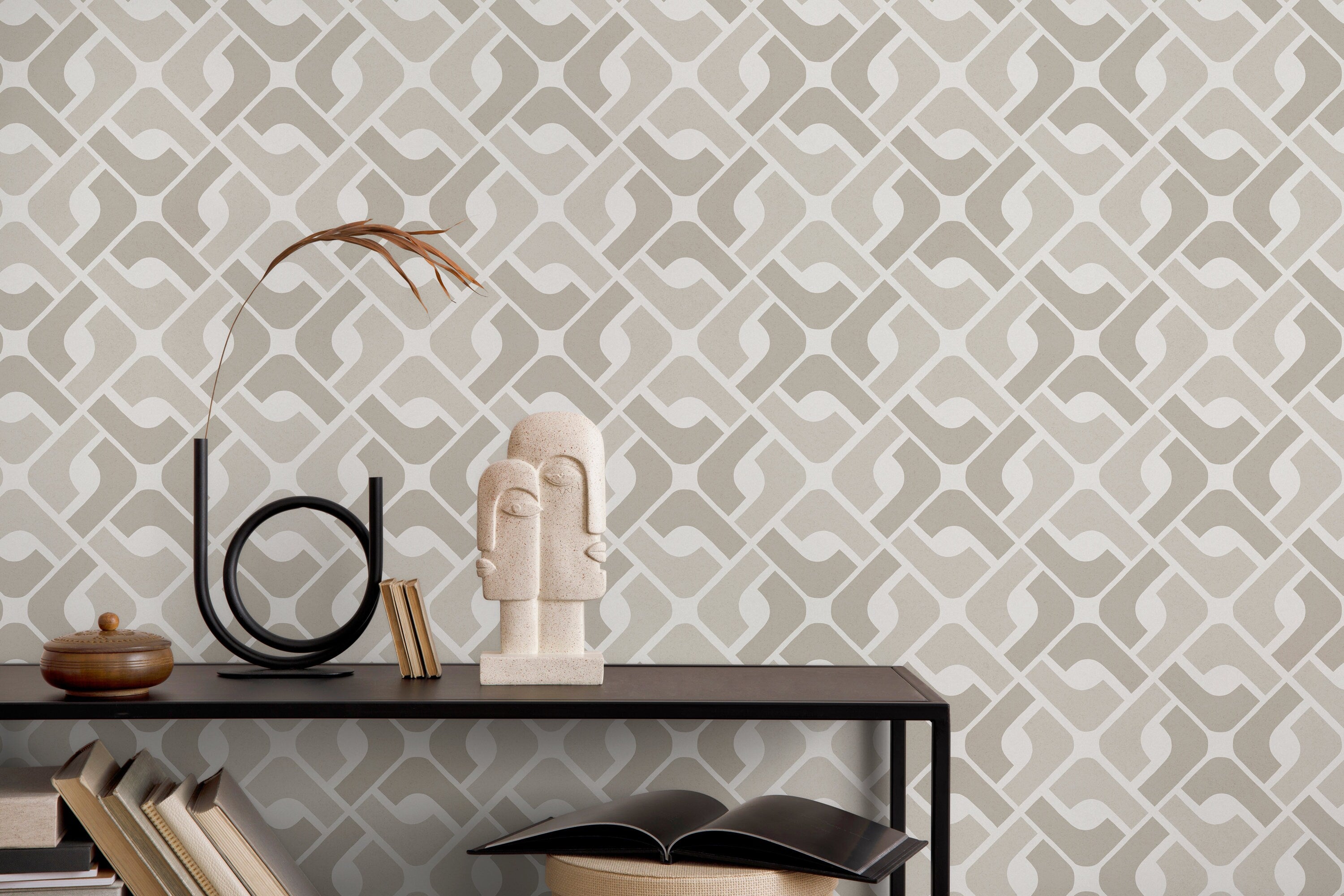 Geometric Wallpaper With An Interlocking Tile Motif In Beige And Taupe - D328