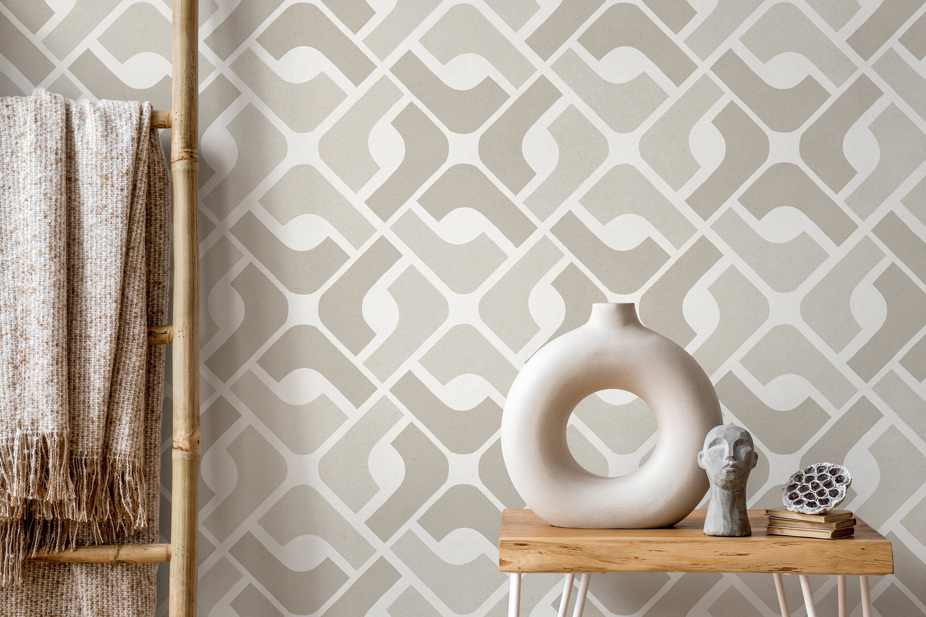Geometric Wallpaper With An Interlocking Tile Motif In Beige And Taupe - D328