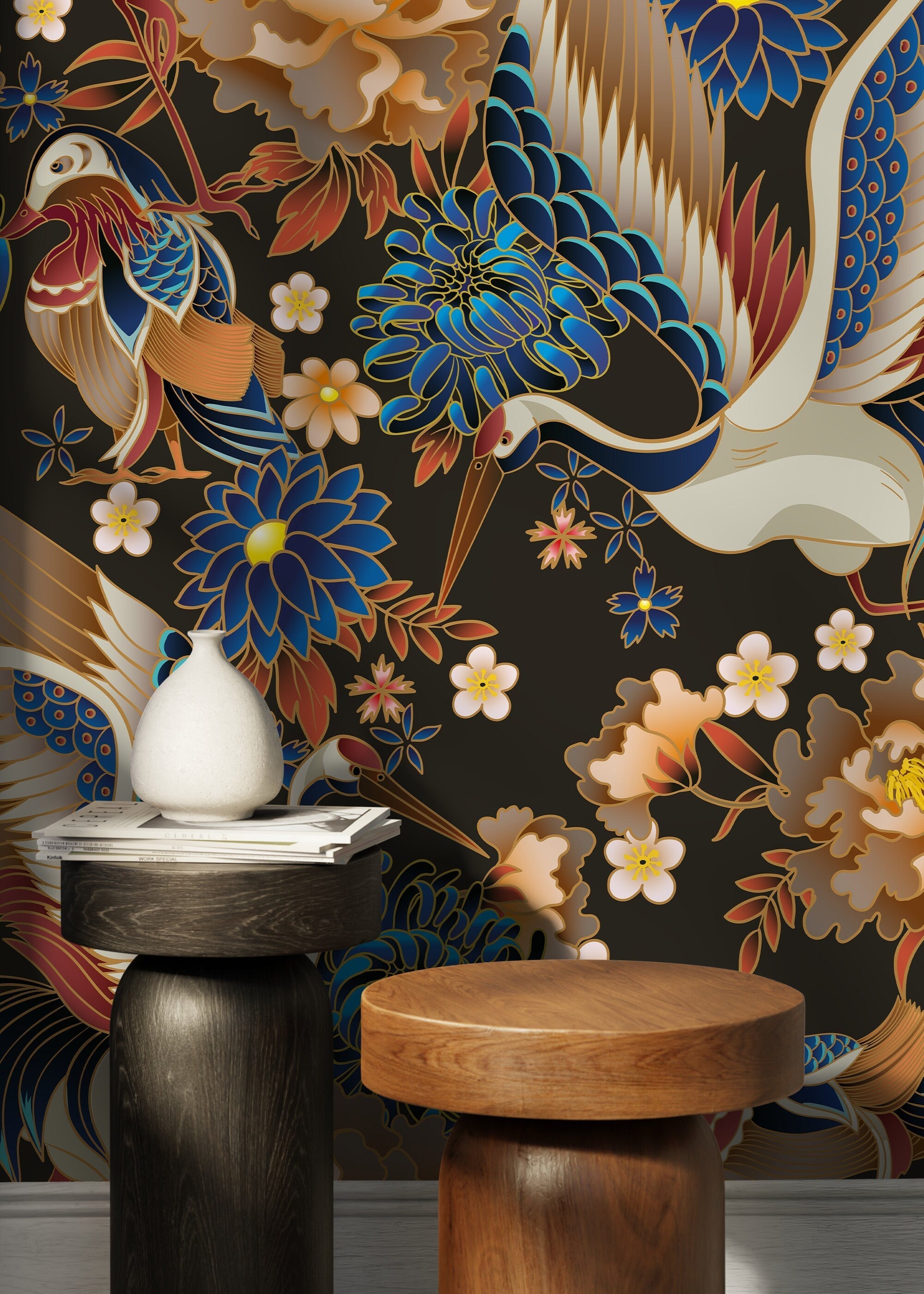Chinoiserie Wallpaper Featuring Elegant Cranes And Florals In Blue, Gold, And Red - D245