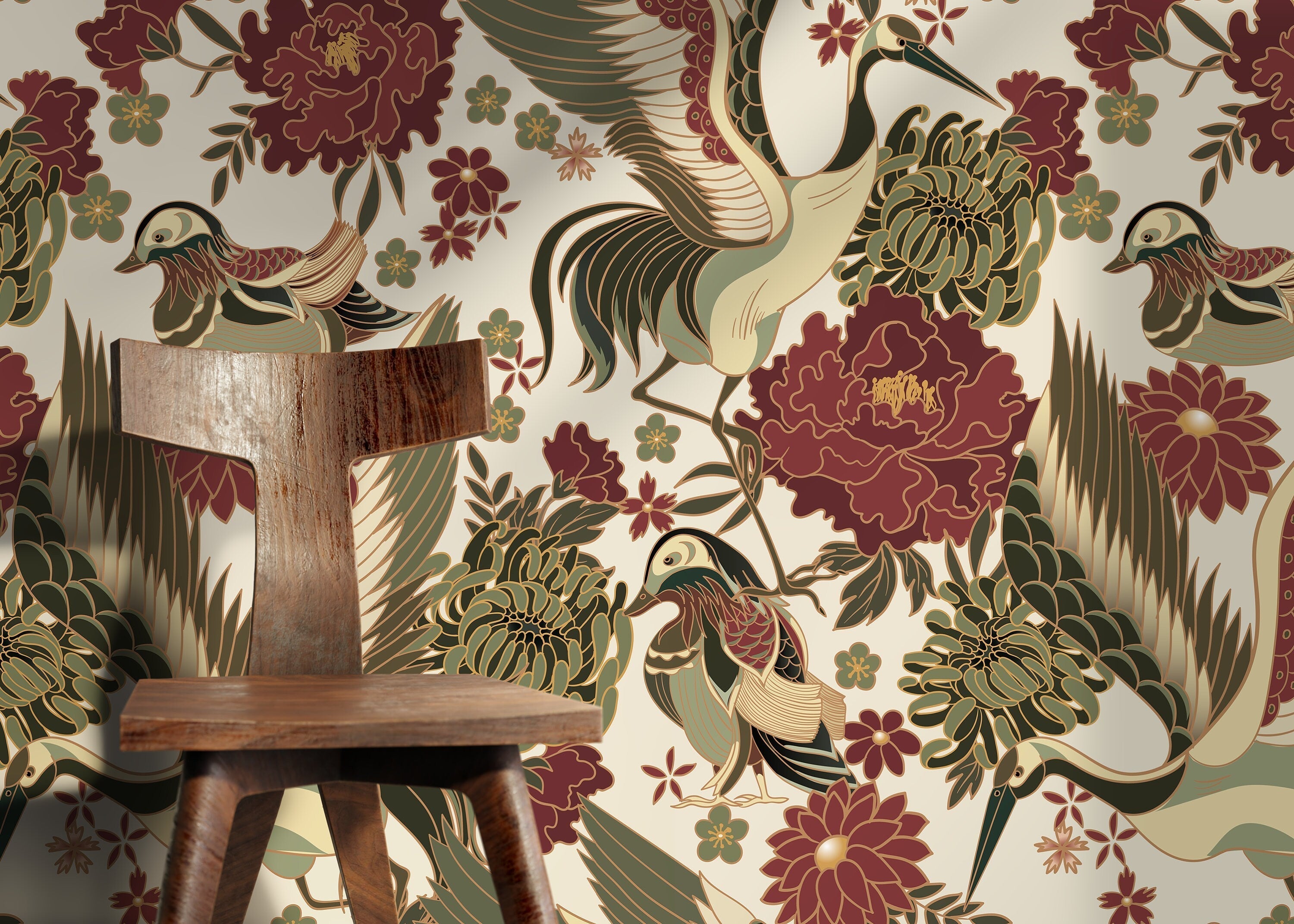 Chinoiserie Wallpaper With Cranes And Florals In Red, Green, And Beige - D247