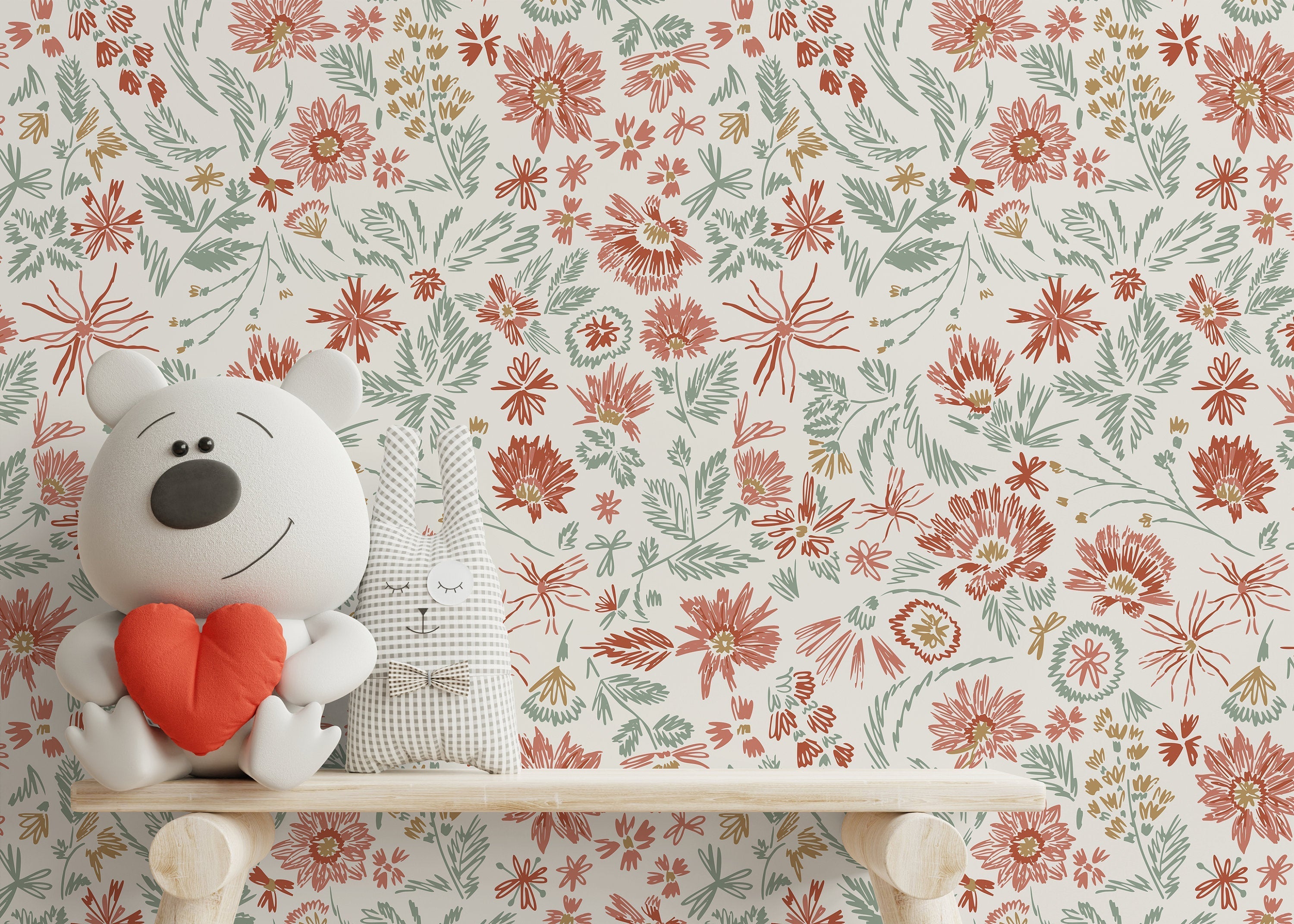 Floral Wallpaper With Hand-drawn Wildflowers In Red, Green, And Gold - D321