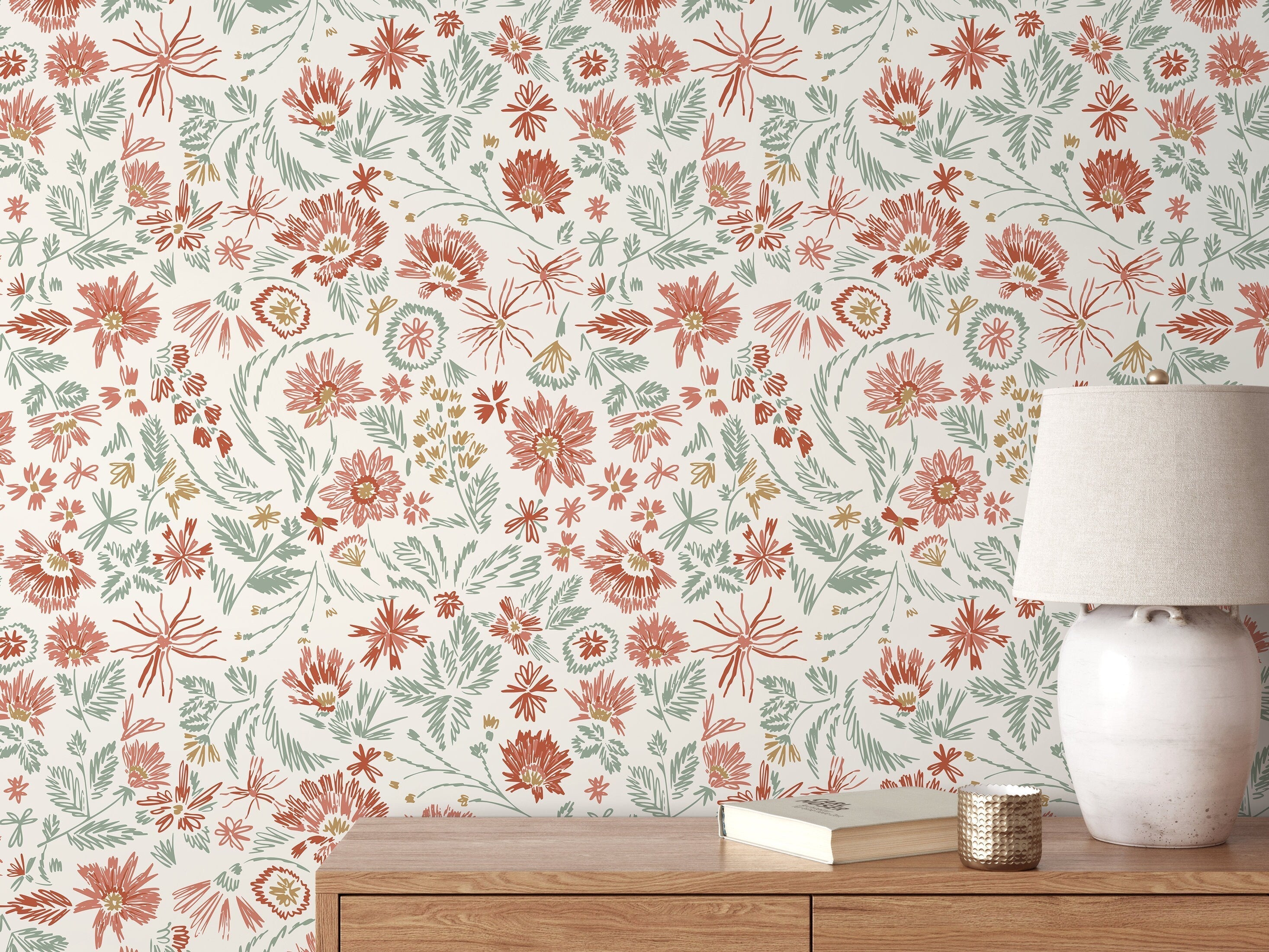 Floral Wallpaper With Hand-drawn Wildflowers In Red, Green, And Gold - D321