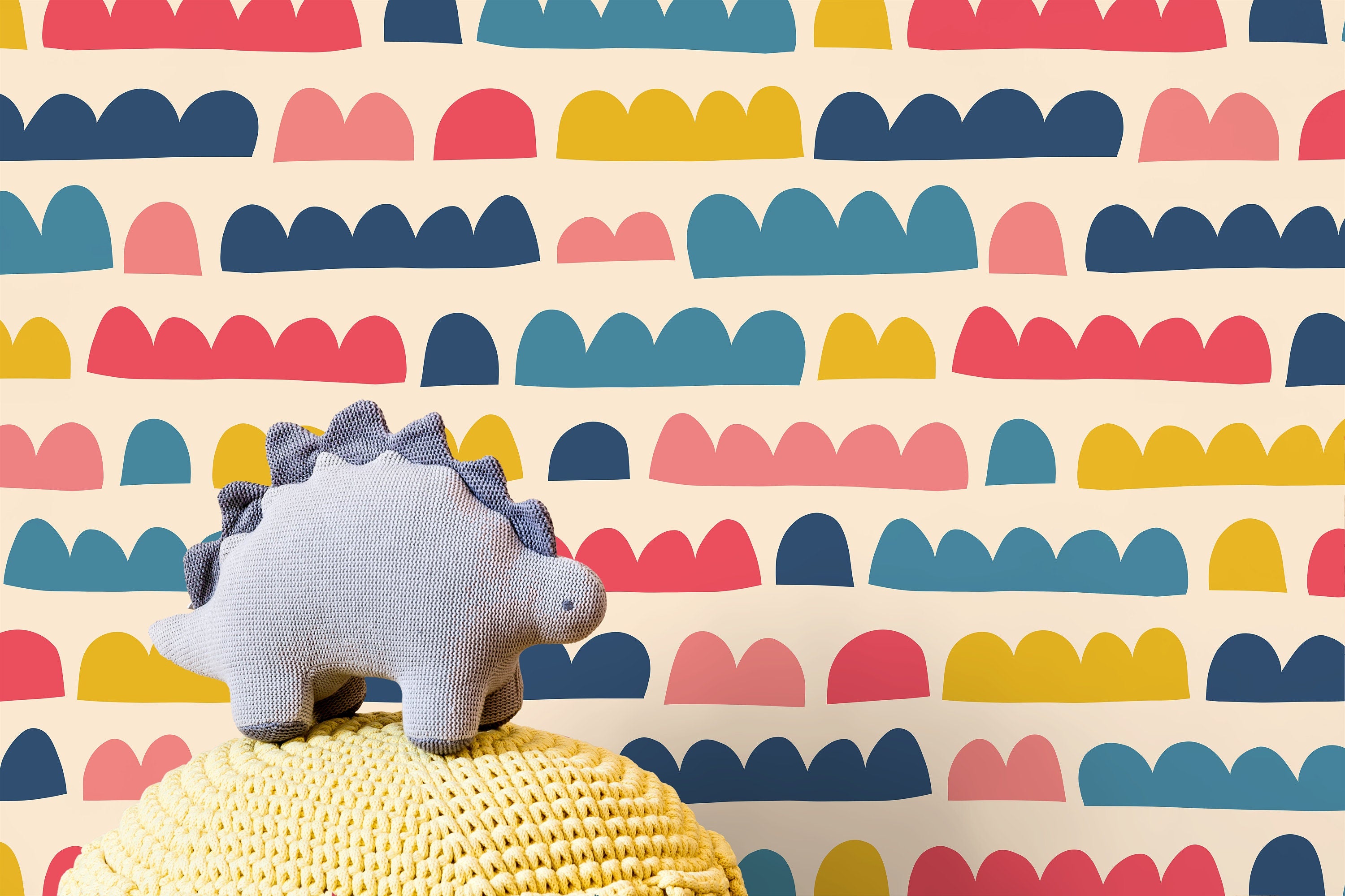 Abstract Wallpaper With Colorful Scalloped Shapes In Blue, Red, And Yellow - D338