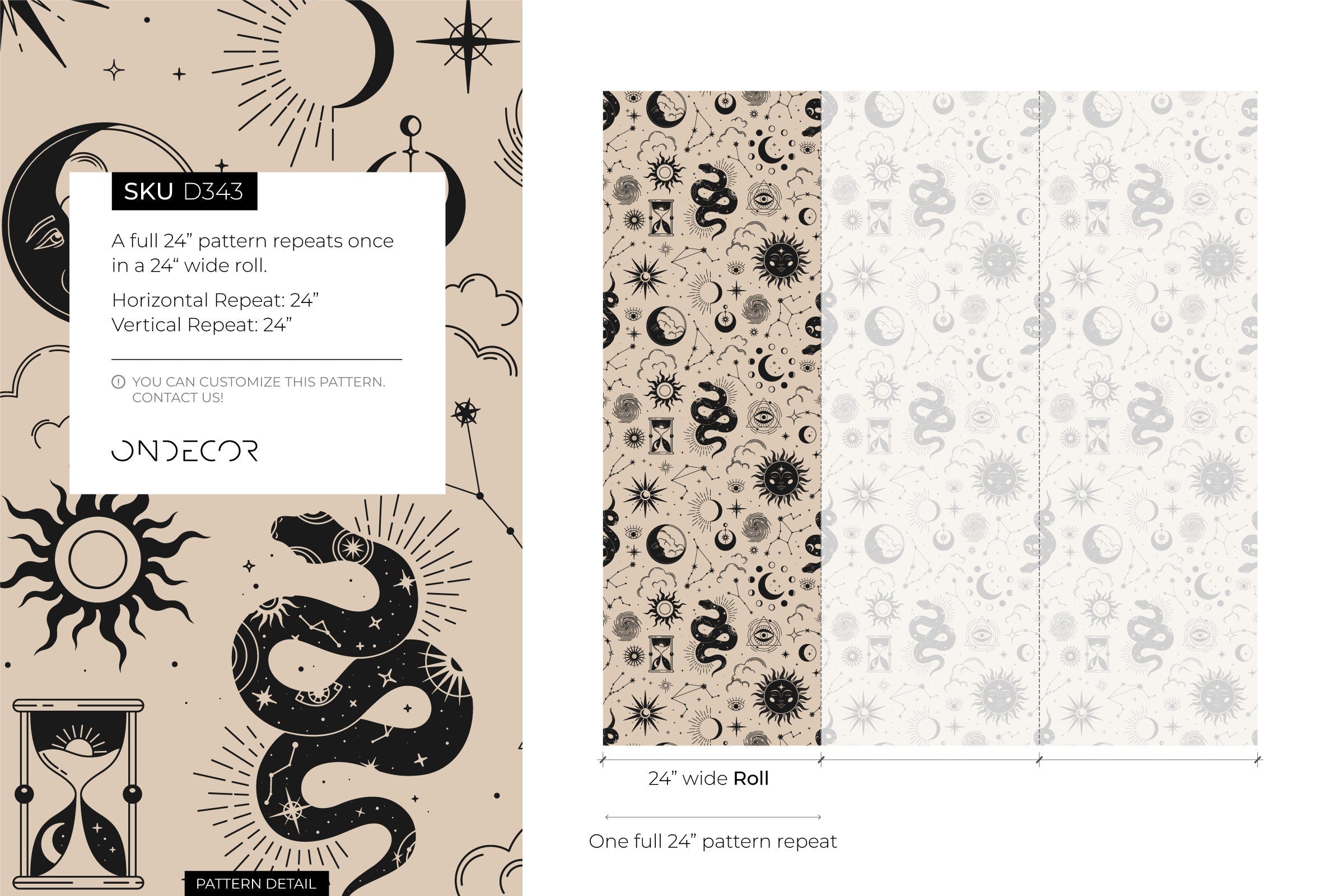 Celestial Wallpaper With Suns, Moons, And Snakes In Black And Beige - D343
