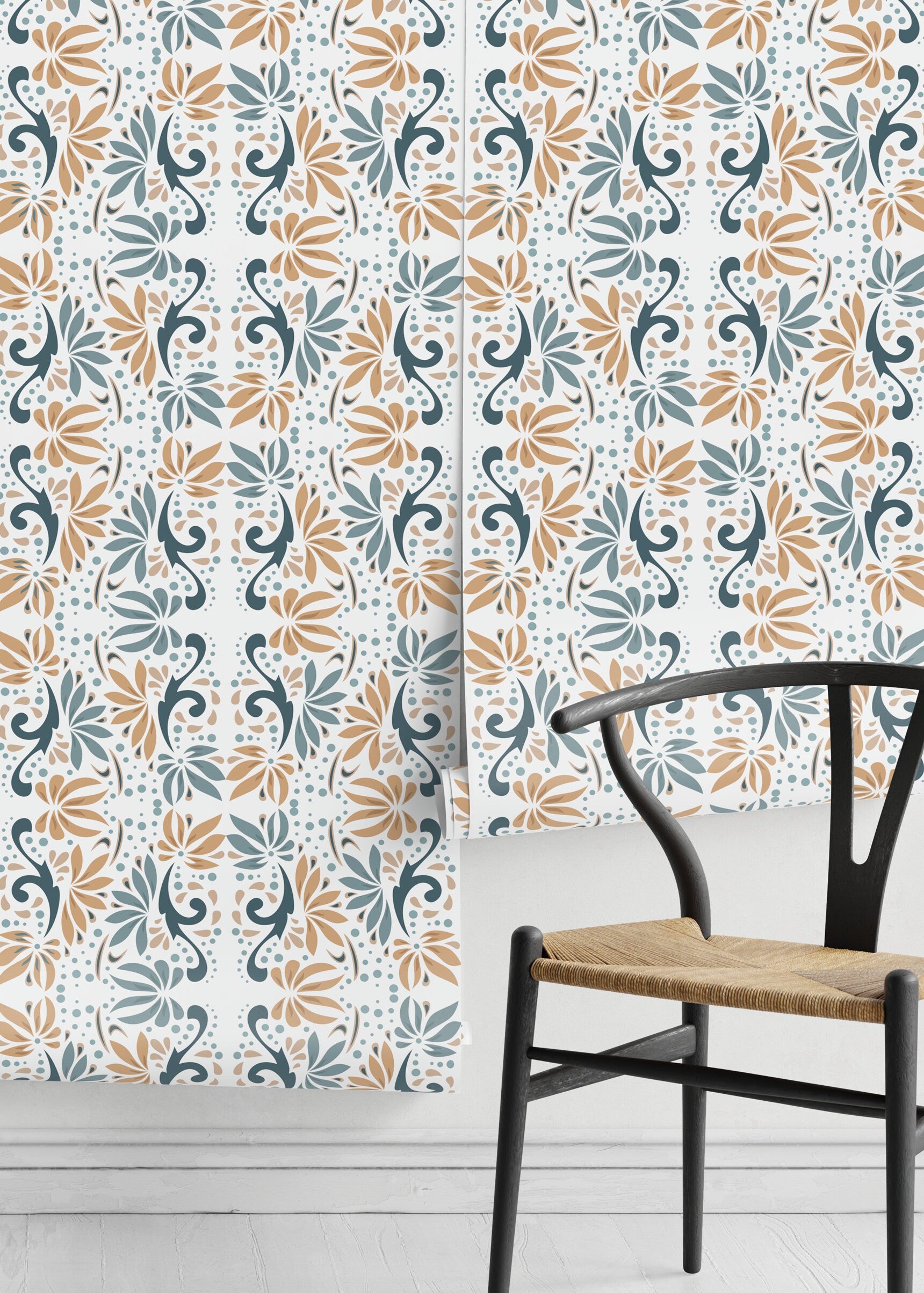 Floral Wallpaper With A Stylized Damask Motif In Teal, Tan, And Blue - D250
