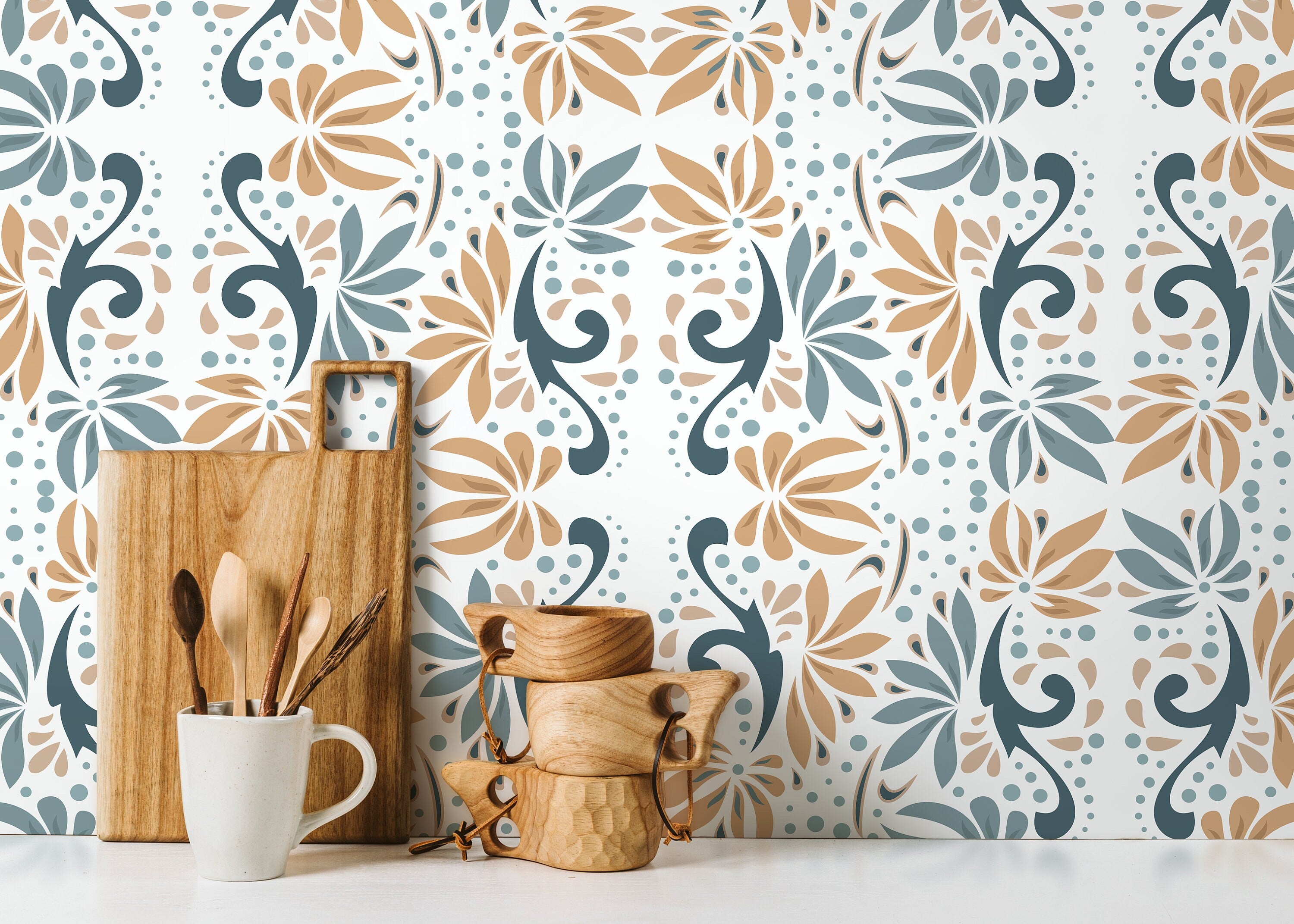 Floral Wallpaper With A Stylized Damask Motif In Teal, Tan, And Blue - D250