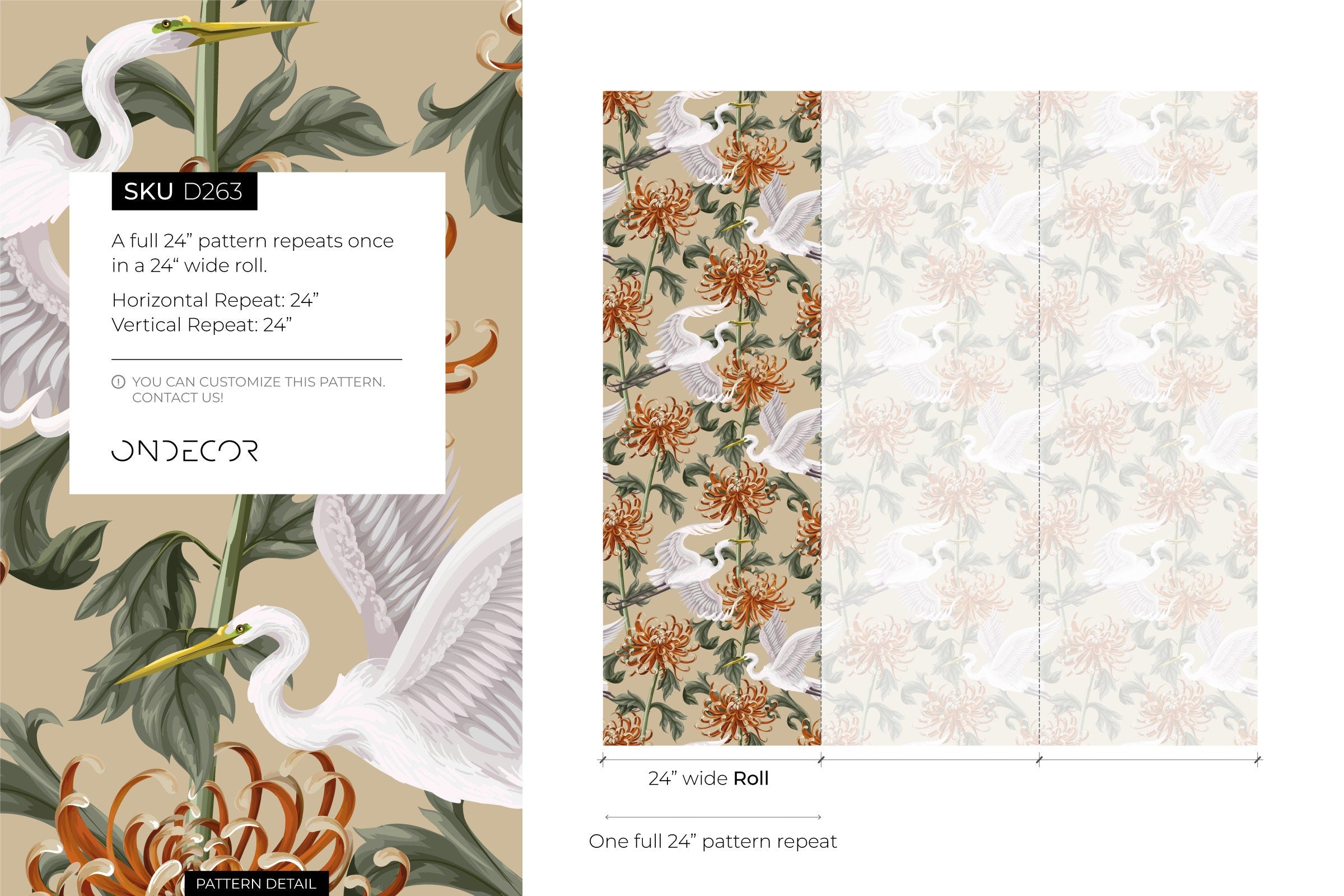 Chinoiserie Wallpaper With Cranes And Flowers In Orange, Green, And Beige - D263