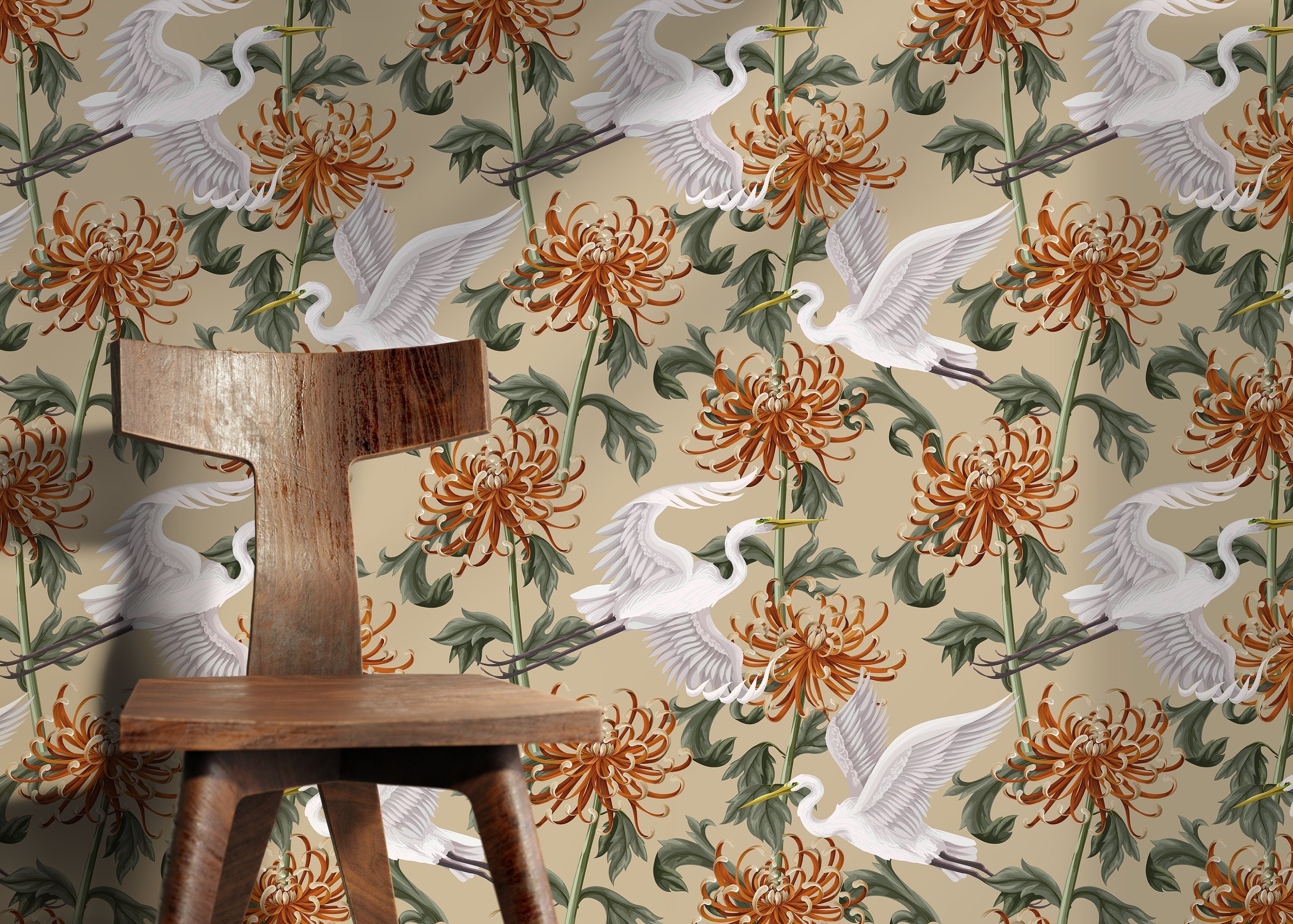 Chinoiserie Wallpaper With Cranes And Flowers In Orange, Green, And Beige - D263
