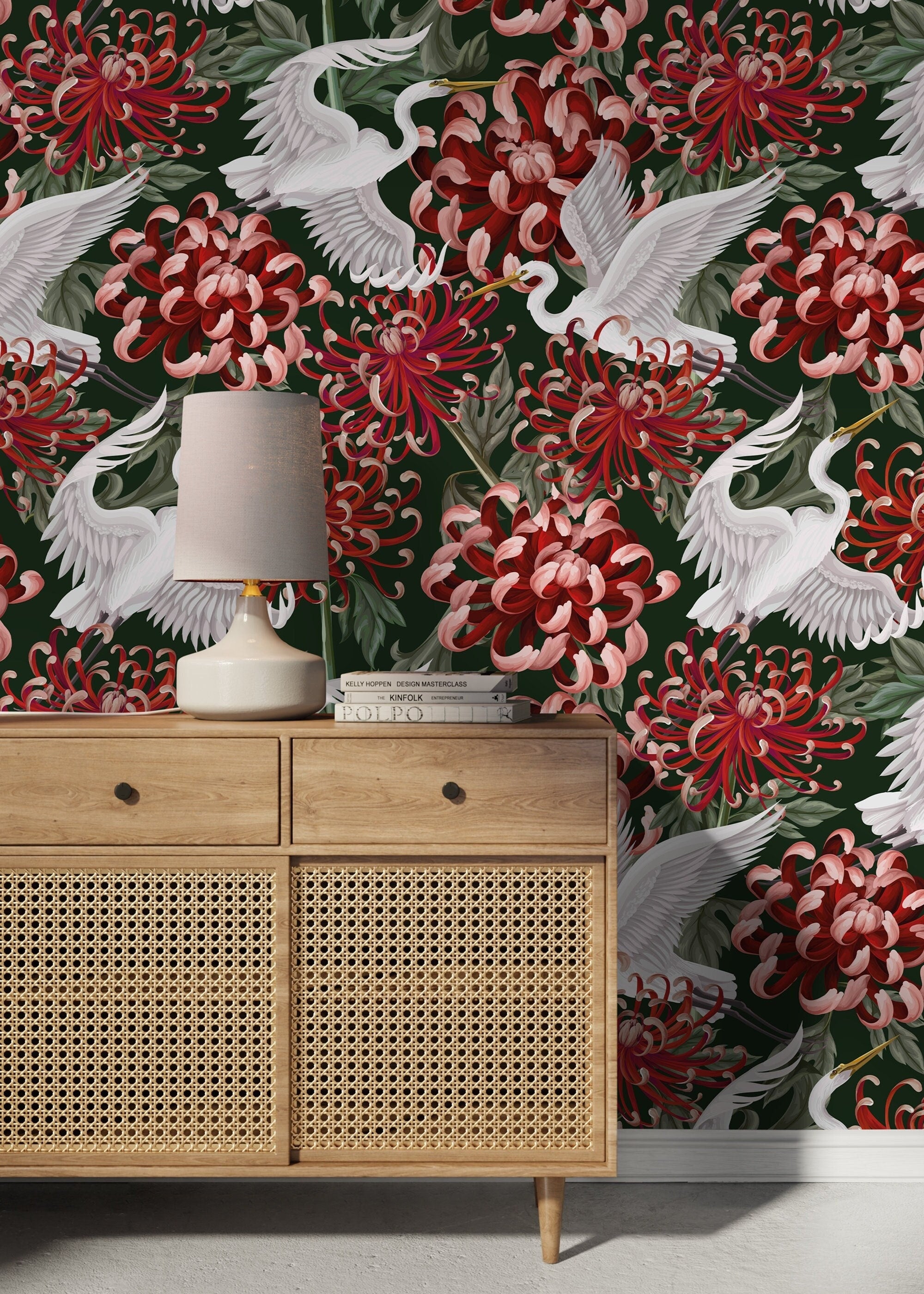Chinoiserie Wallpaper Featuring Cranes And Flowers In Red And Green - D264