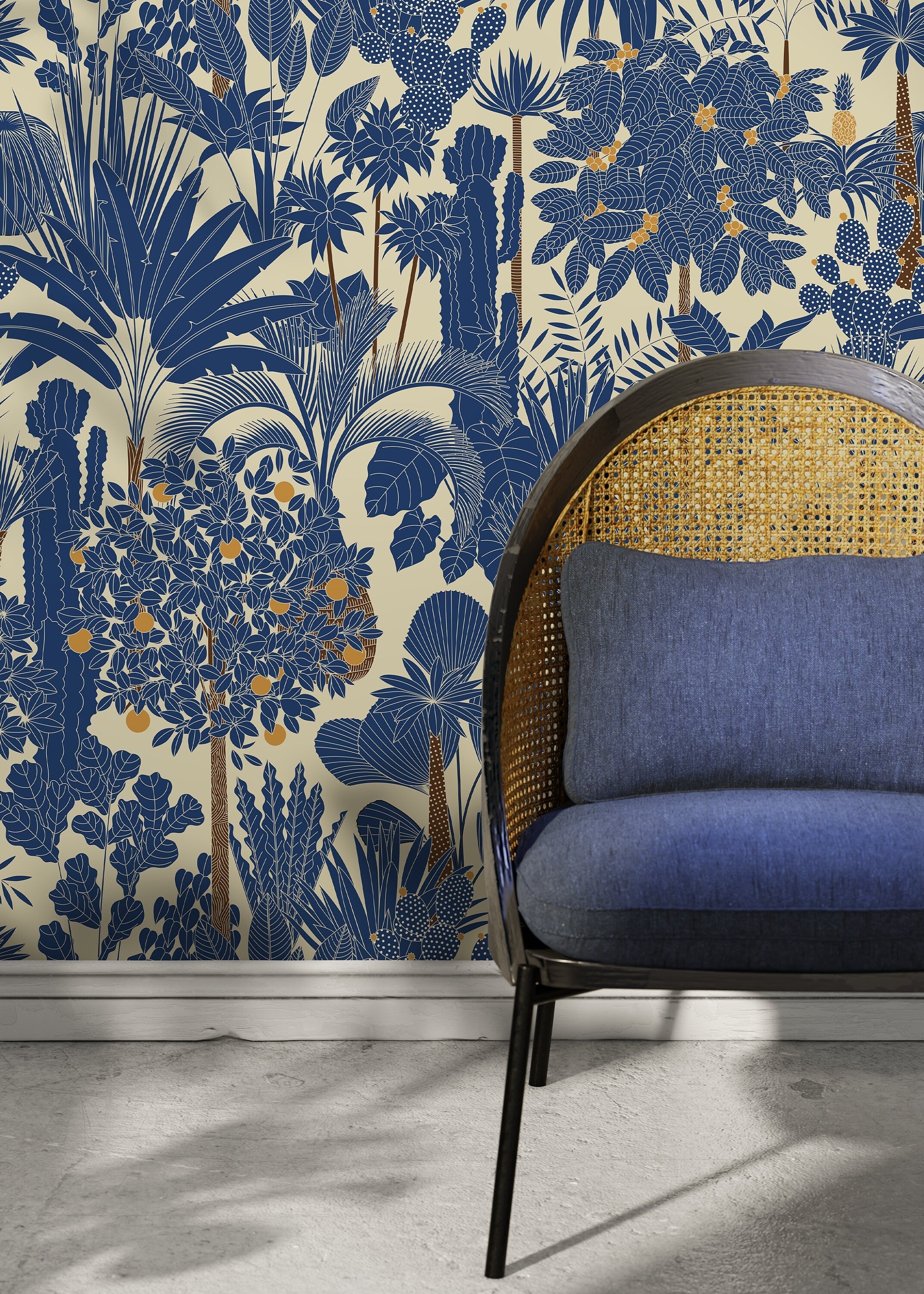 Botanical Wallpaper With A Dense Tropical Jungle Motif In Blue And Orange - D274