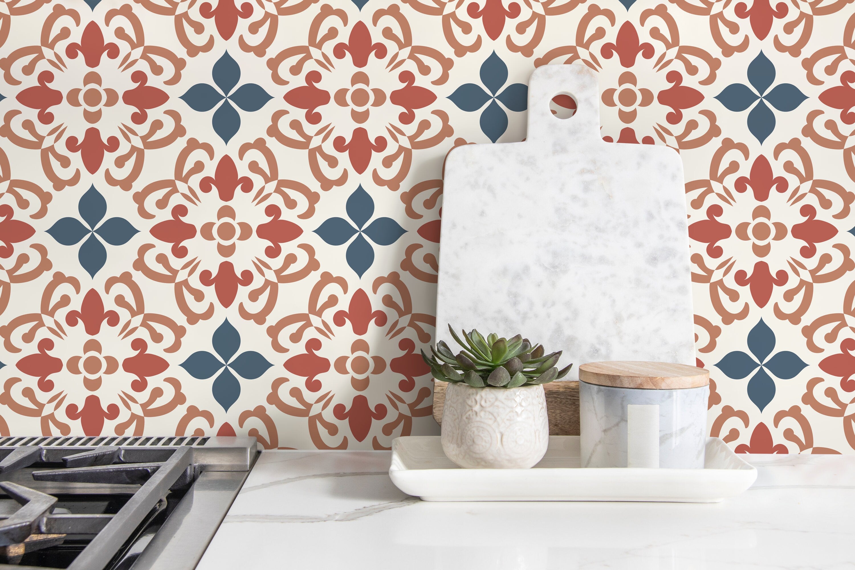 Tile Wallpaper With A Mediterranean Motif In Terracotta, Blue, And Tan - D181