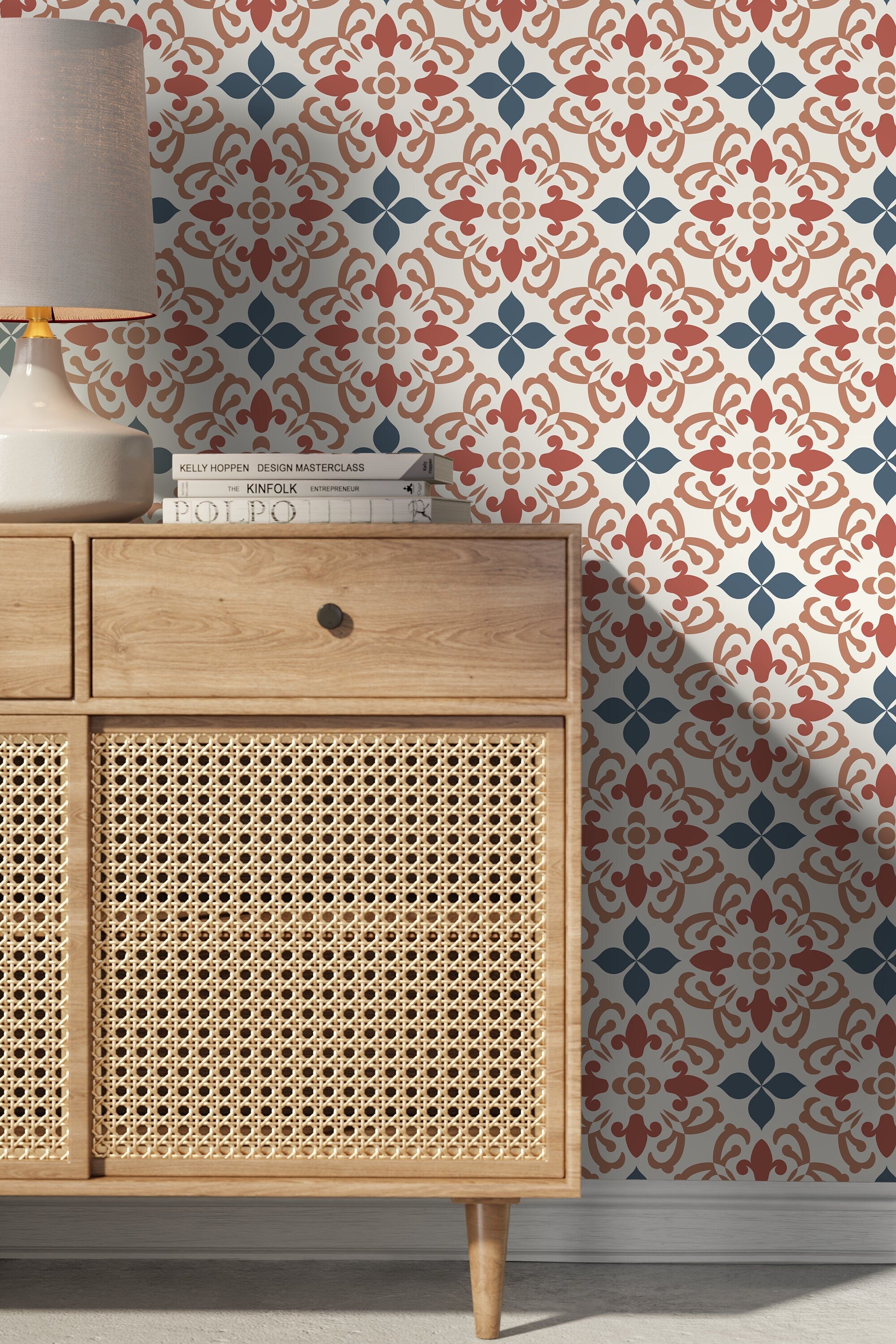 Tile Wallpaper With A Mediterranean Motif In Terracotta, Blue, And Tan - D181