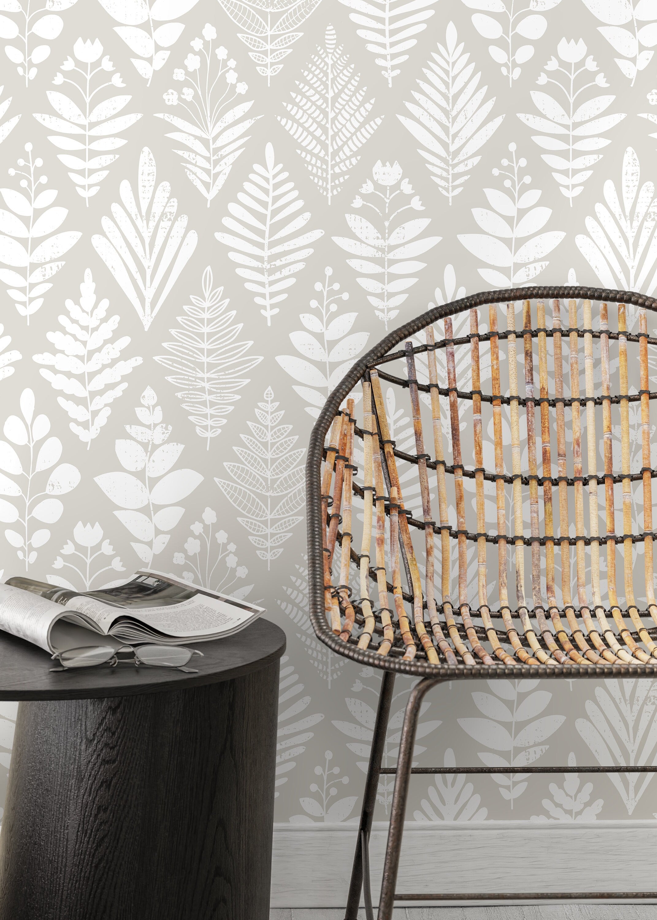 Botanical Wallpaper With A Scandinavian Folk Art Motif In Grey And White - D183