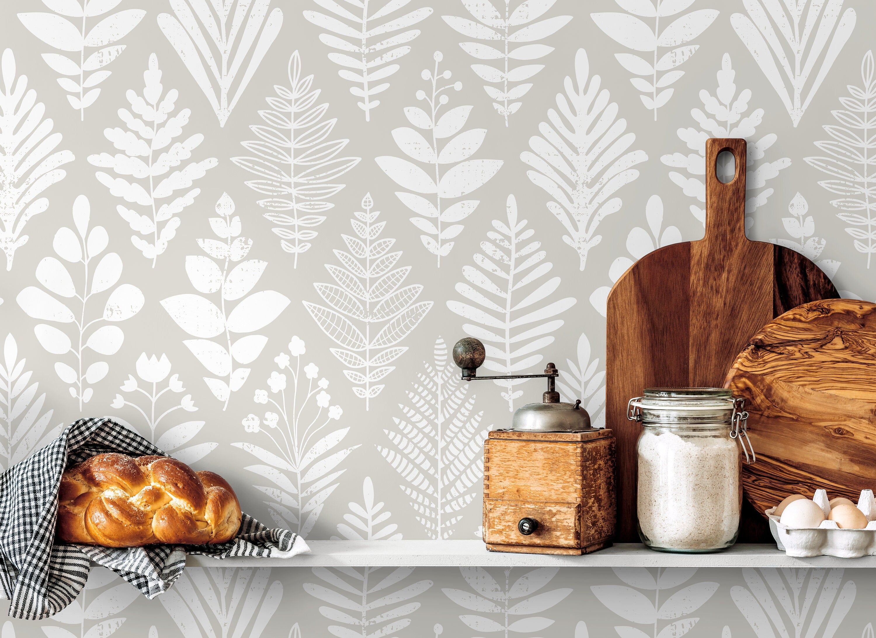 Botanical Wallpaper With A Scandinavian Folk Art Motif In Grey And White - D183