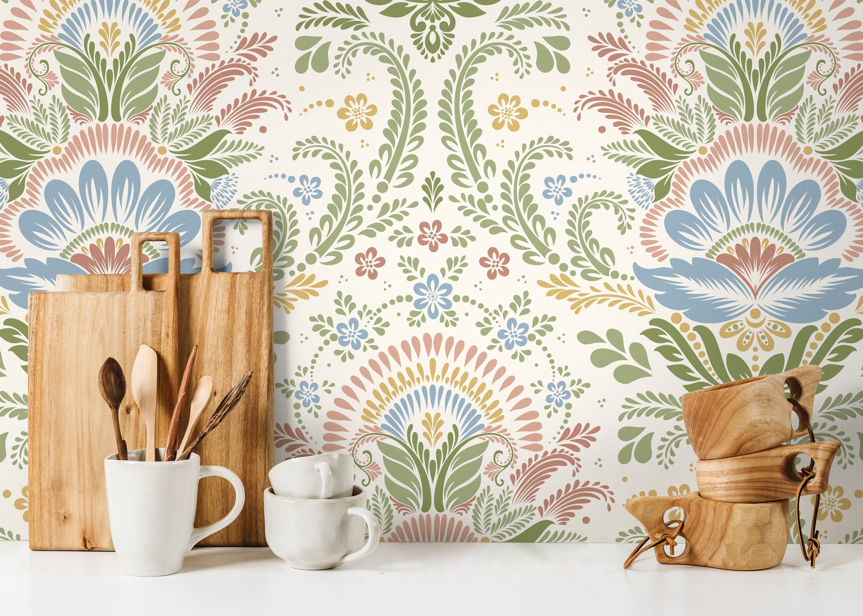 Damask Wallpaper With A Folk Floral Motif In Blue, Green, And Pink - D184