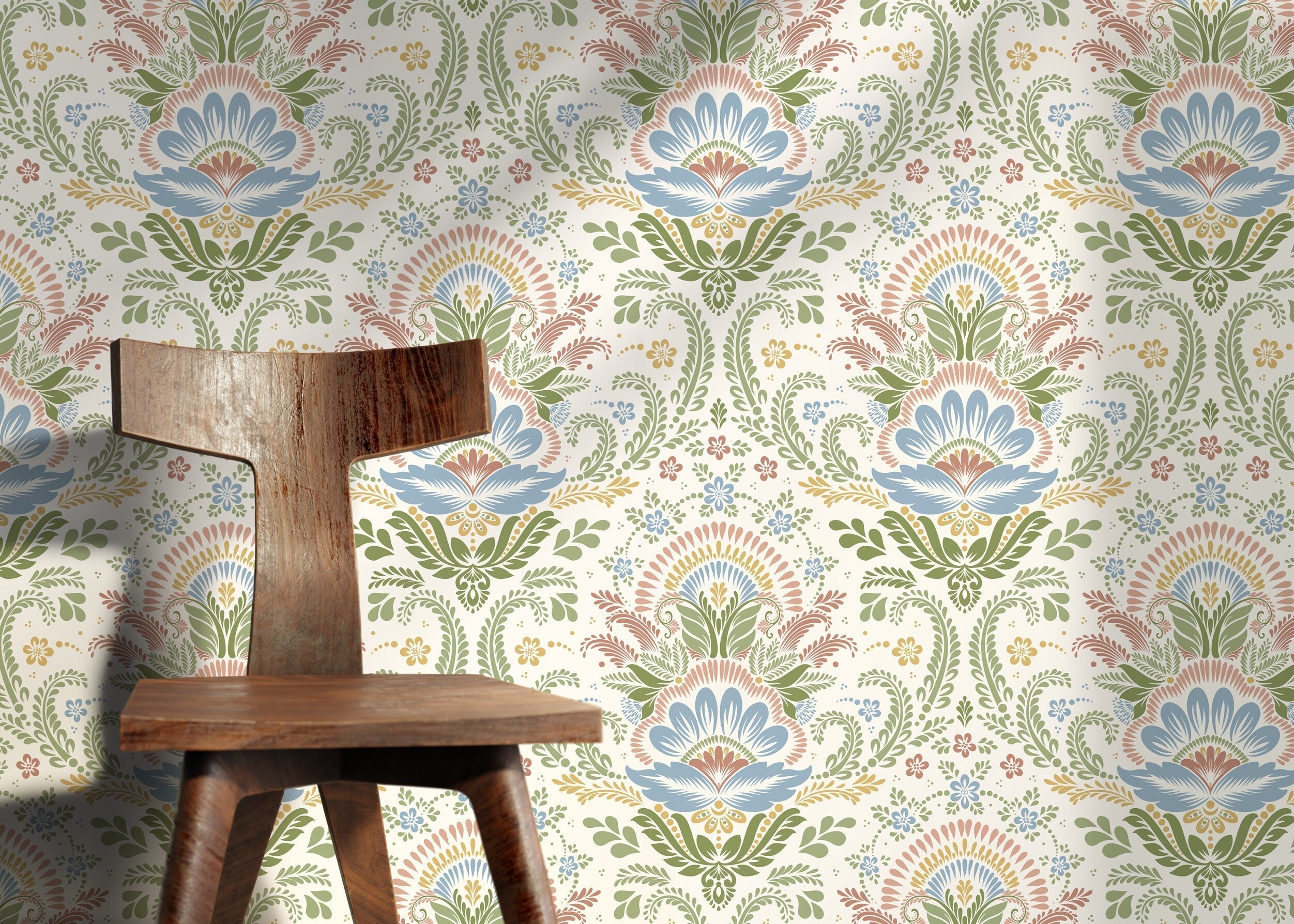Damask Wallpaper With A Folk Floral Motif In Blue, Green, And Pink - D184