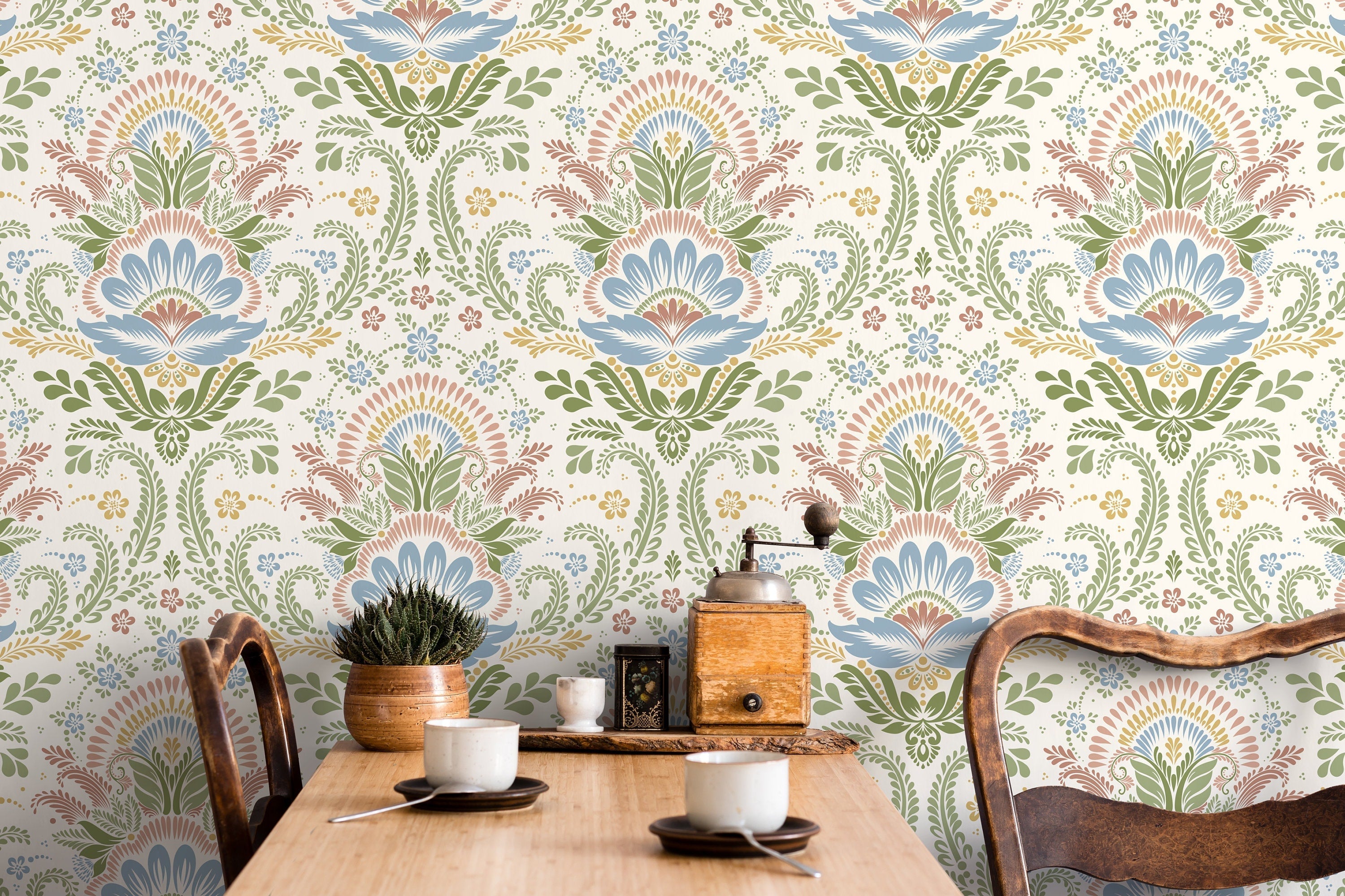 Damask Wallpaper With A Folk Floral Motif In Blue, Green, And Pink - D184