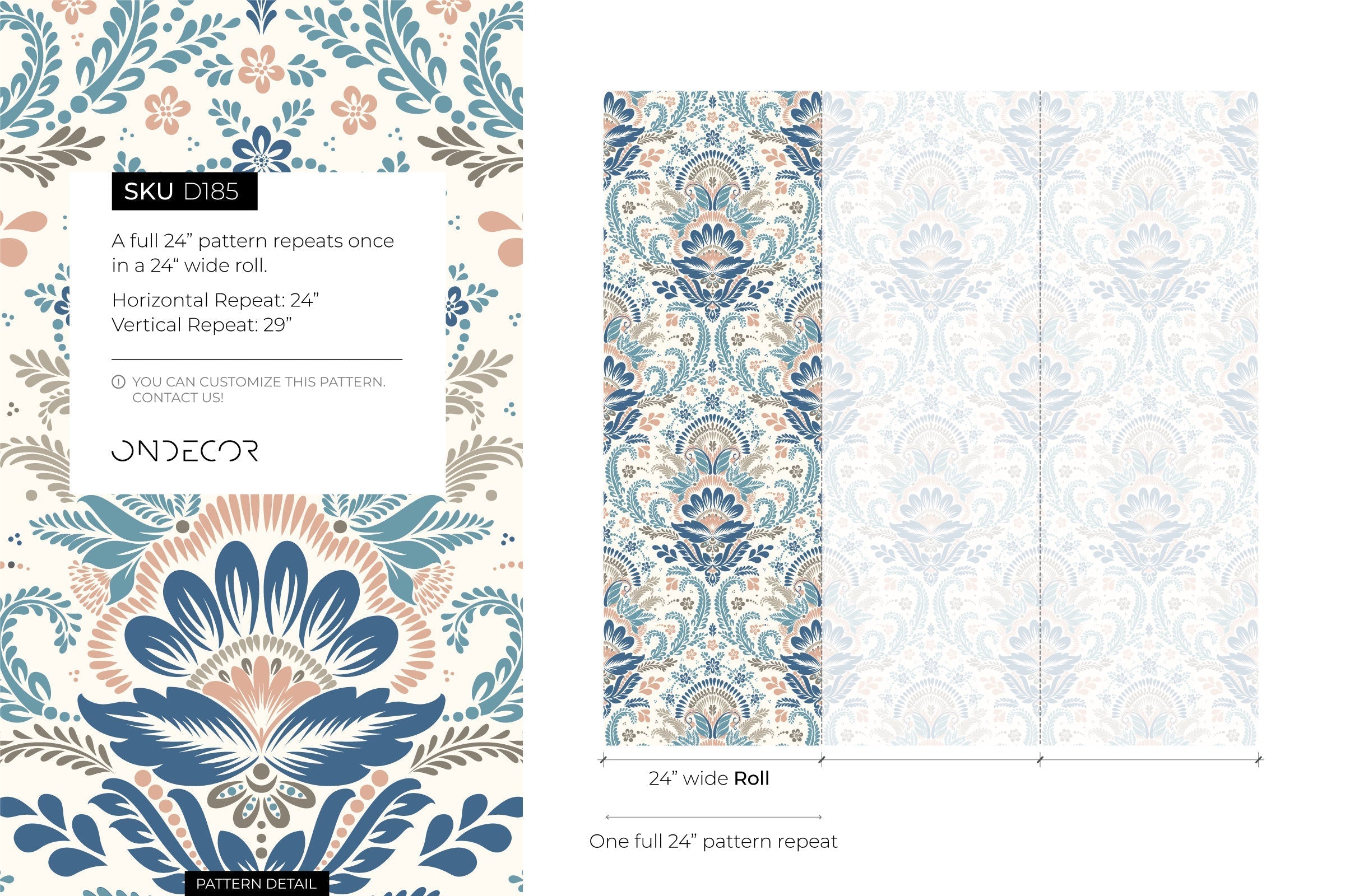 Damask Wallpaper With A Floral Folk Motif In Blue, Pink, And Taupe - D185