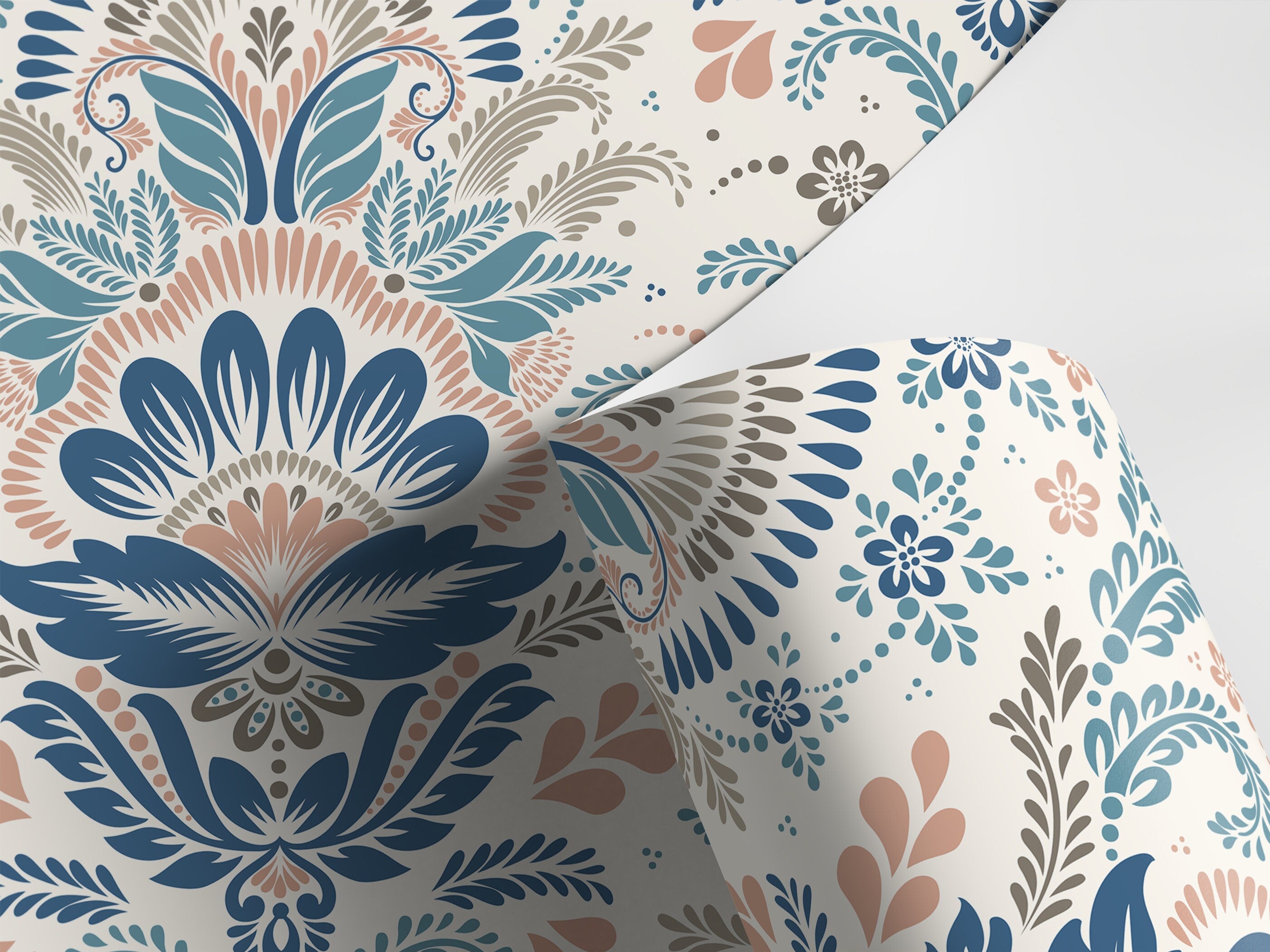 Damask Wallpaper With A Floral Folk Motif In Blue, Pink, And Taupe - D185