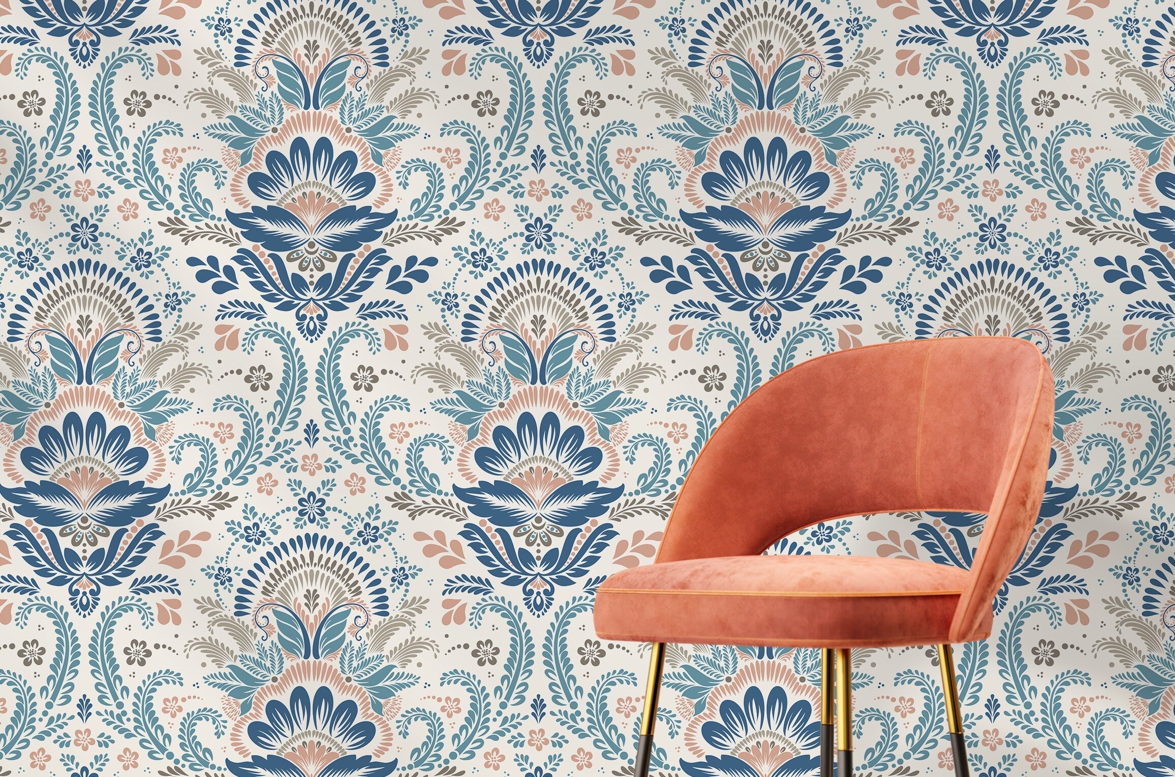 Damask Wallpaper With A Floral Folk Motif In Blue, Pink, And Taupe - D185