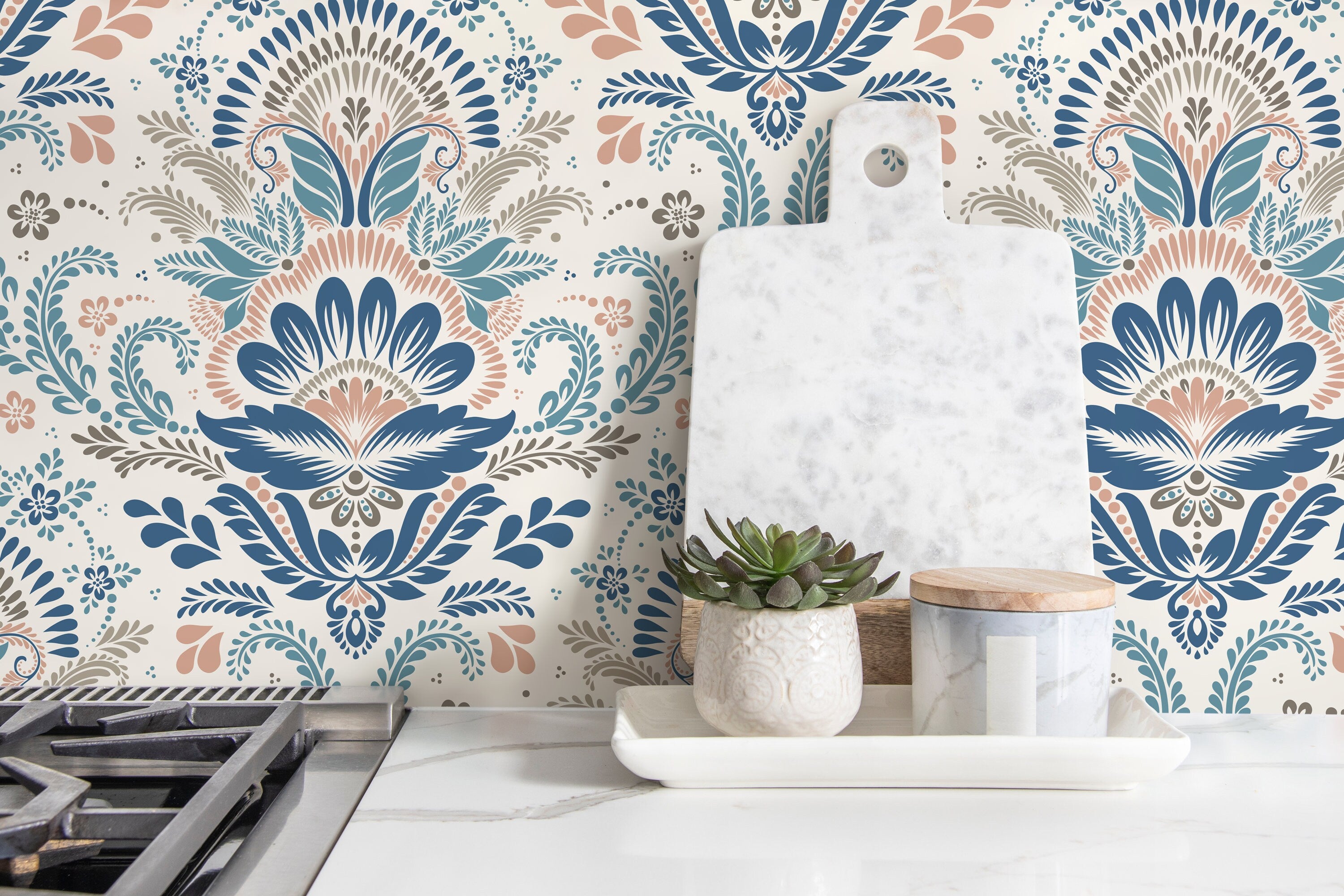 Damask Wallpaper With A Floral Folk Motif In Blue, Pink, And Taupe - D185