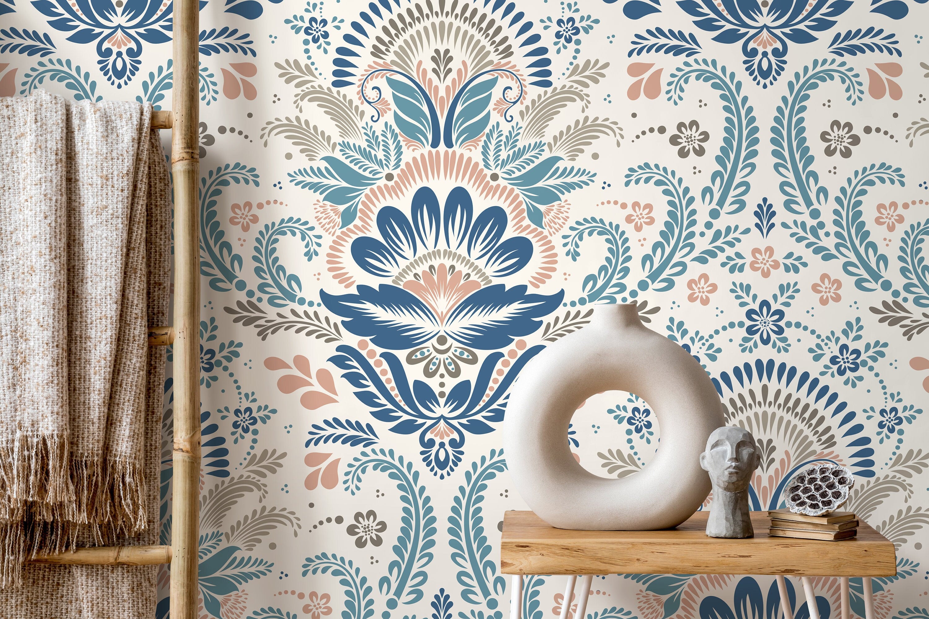 Damask Wallpaper With A Floral Folk Motif In Blue, Pink, And Taupe - D185