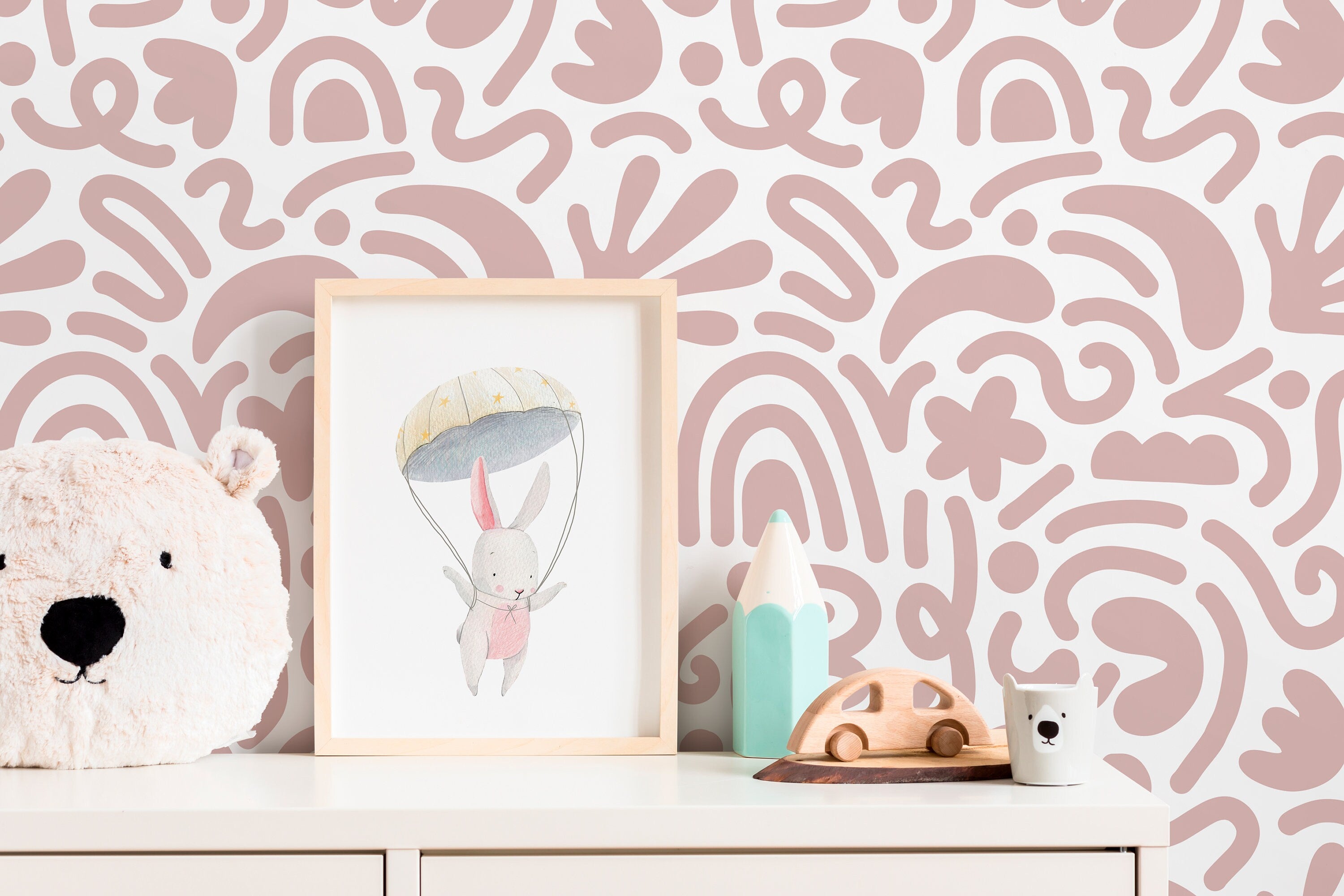 Abstract Wallpaper With Matisse Style Cut-out Shapes In Old Rose - D192