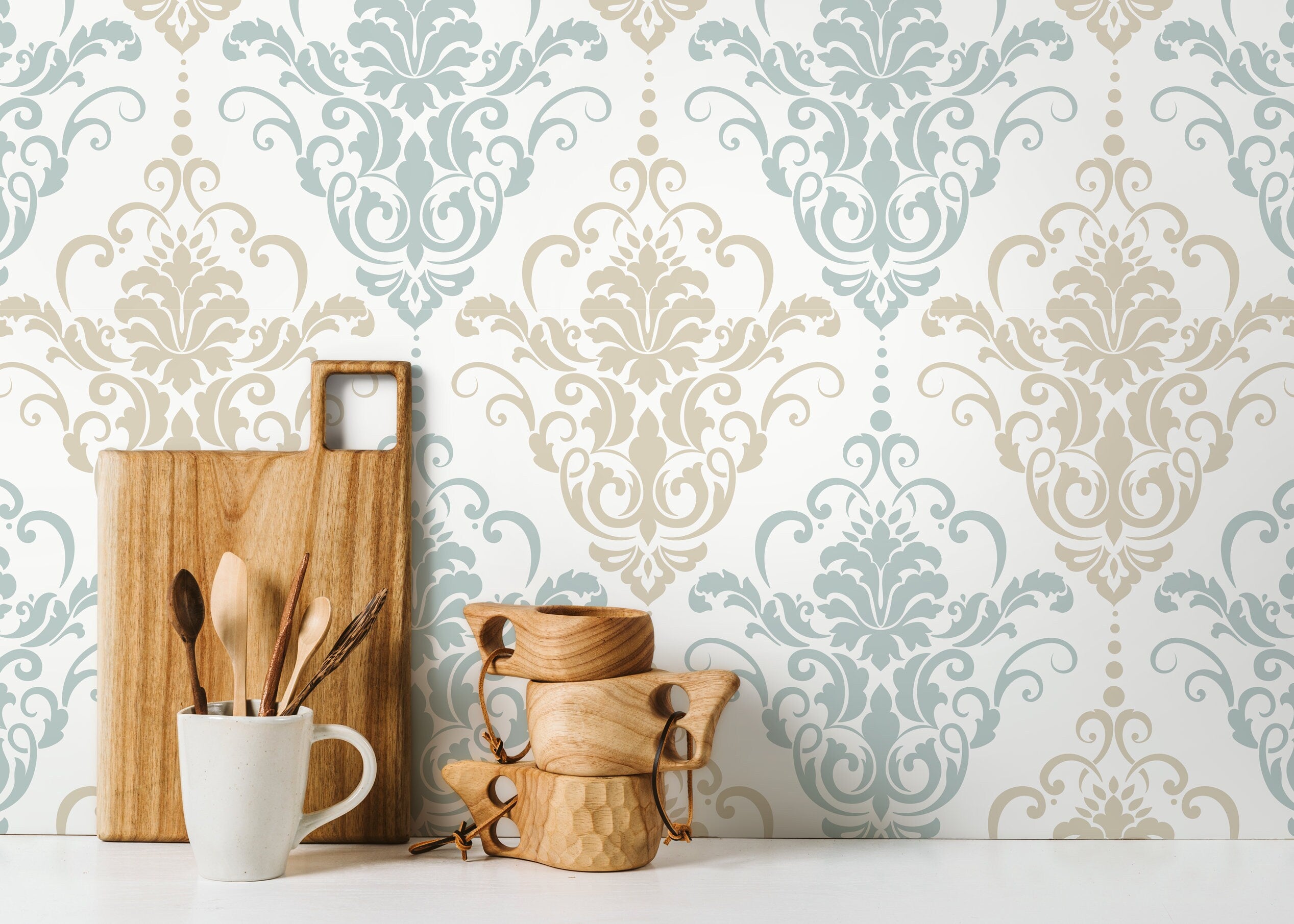 Damask Wallpaper With An Elegant Scroll Motif In Light Blue And Beige - D194