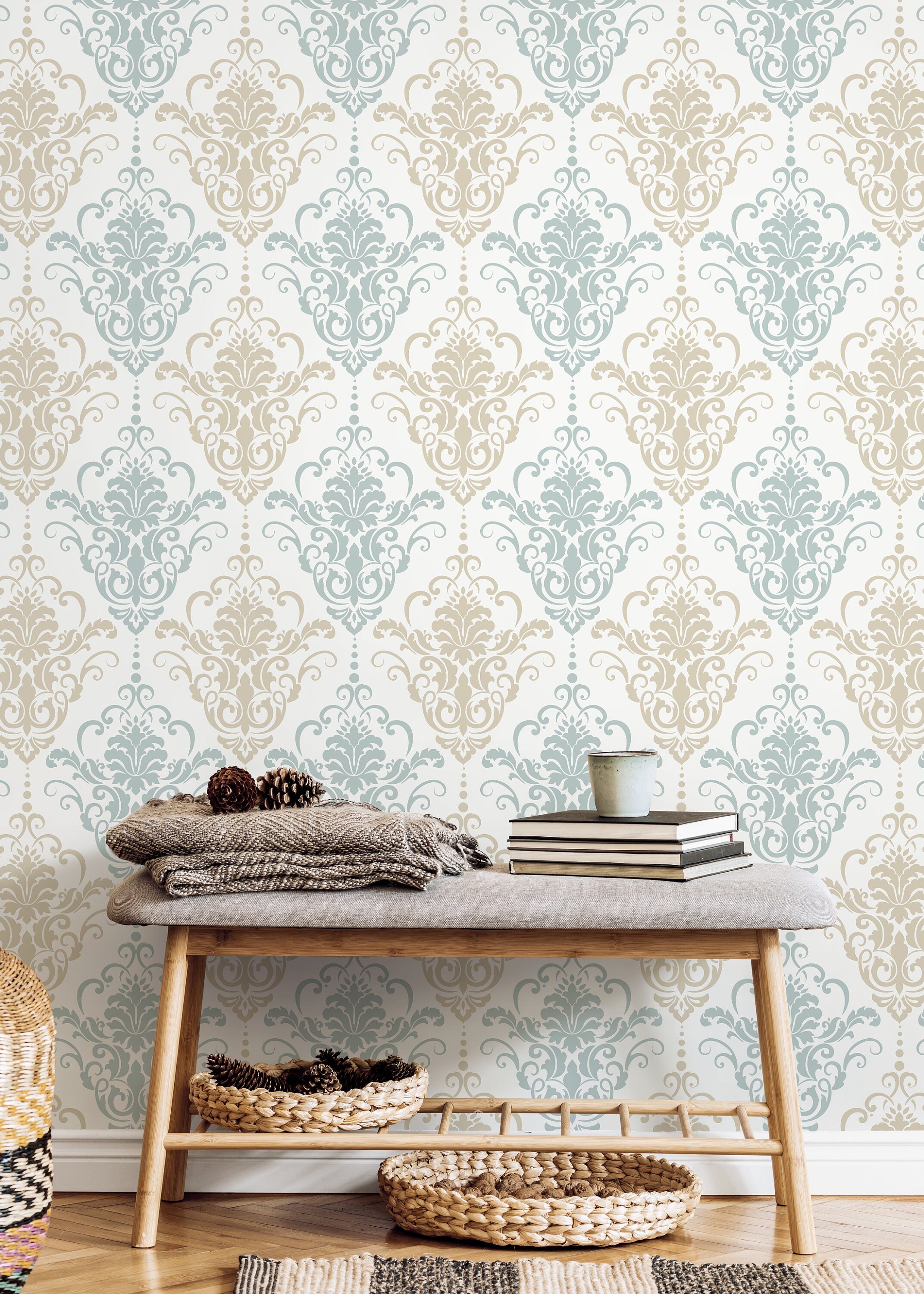 Damask Wallpaper With An Elegant Scroll Motif In Light Blue And Beige - D194