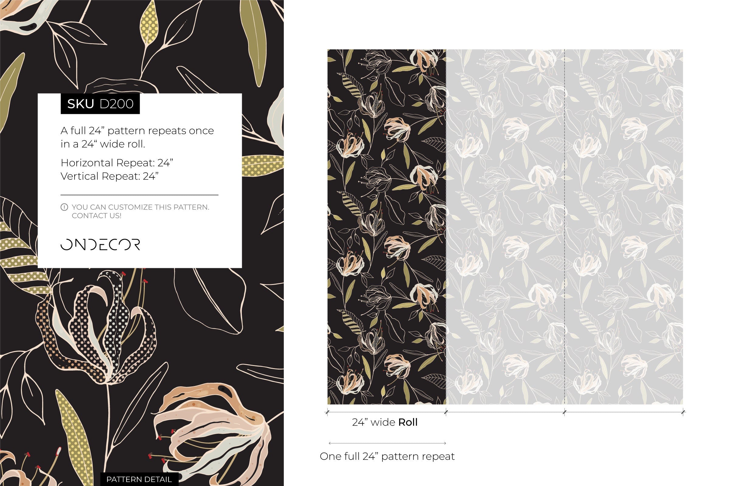 Floral Wallpaper With Stylized Lilies In Black, Pink, And Green - D200