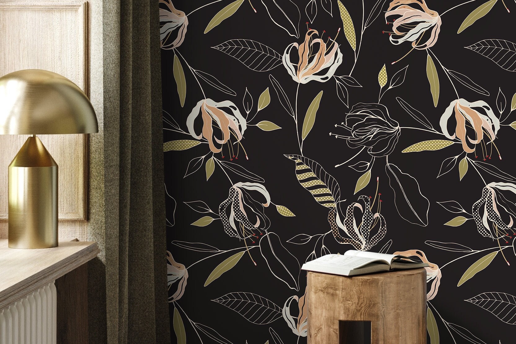 Floral Wallpaper With Stylized Lilies In Black, Pink, And Green - D200