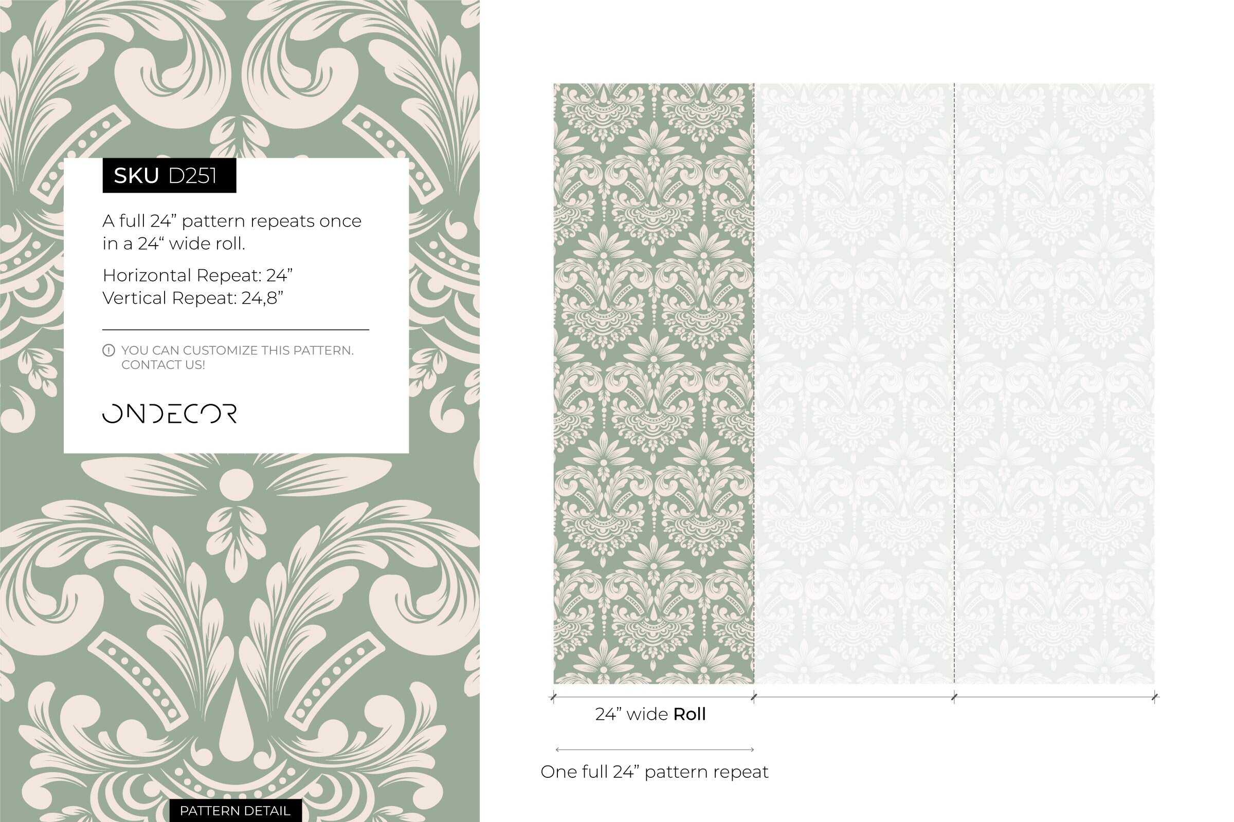 Damask Wallpaper With A Classic Vintage Scroll In Mint Green And Off-white - D251
