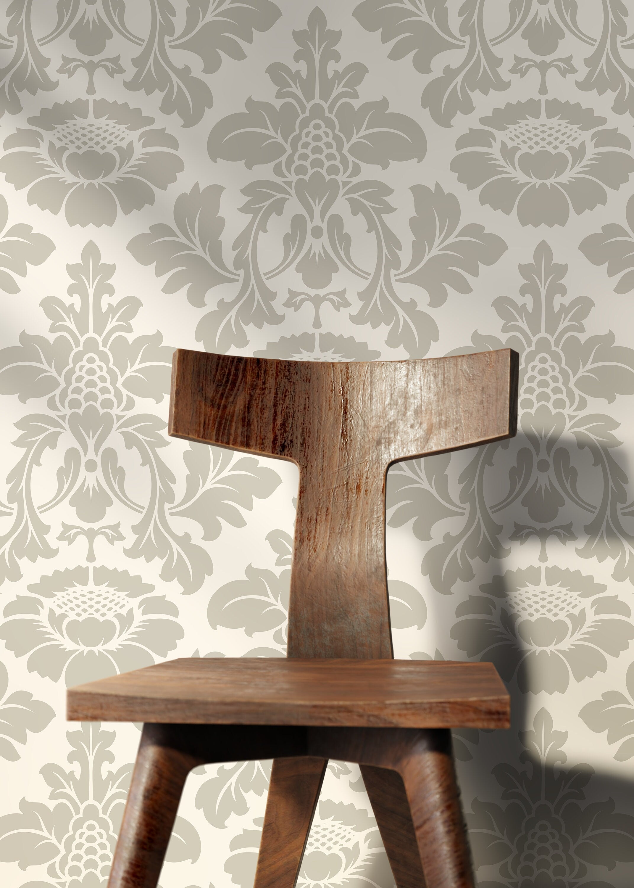 Damask Wallpaper With A Timeless Floral Motif In Taupe And Beige - D257