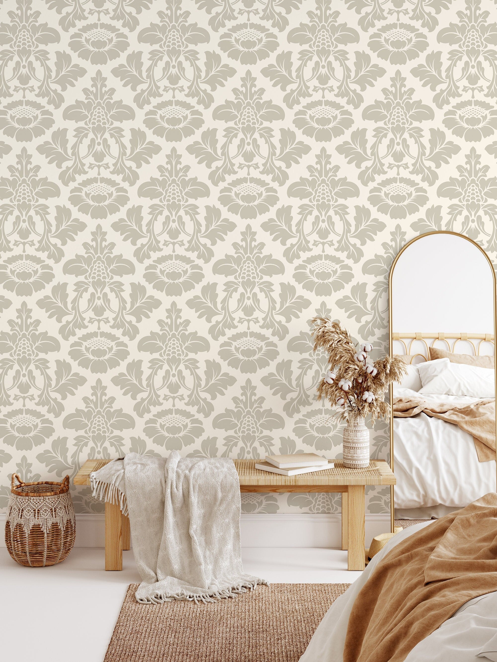 Damask Wallpaper With A Timeless Floral Motif In Taupe And Beige - D257