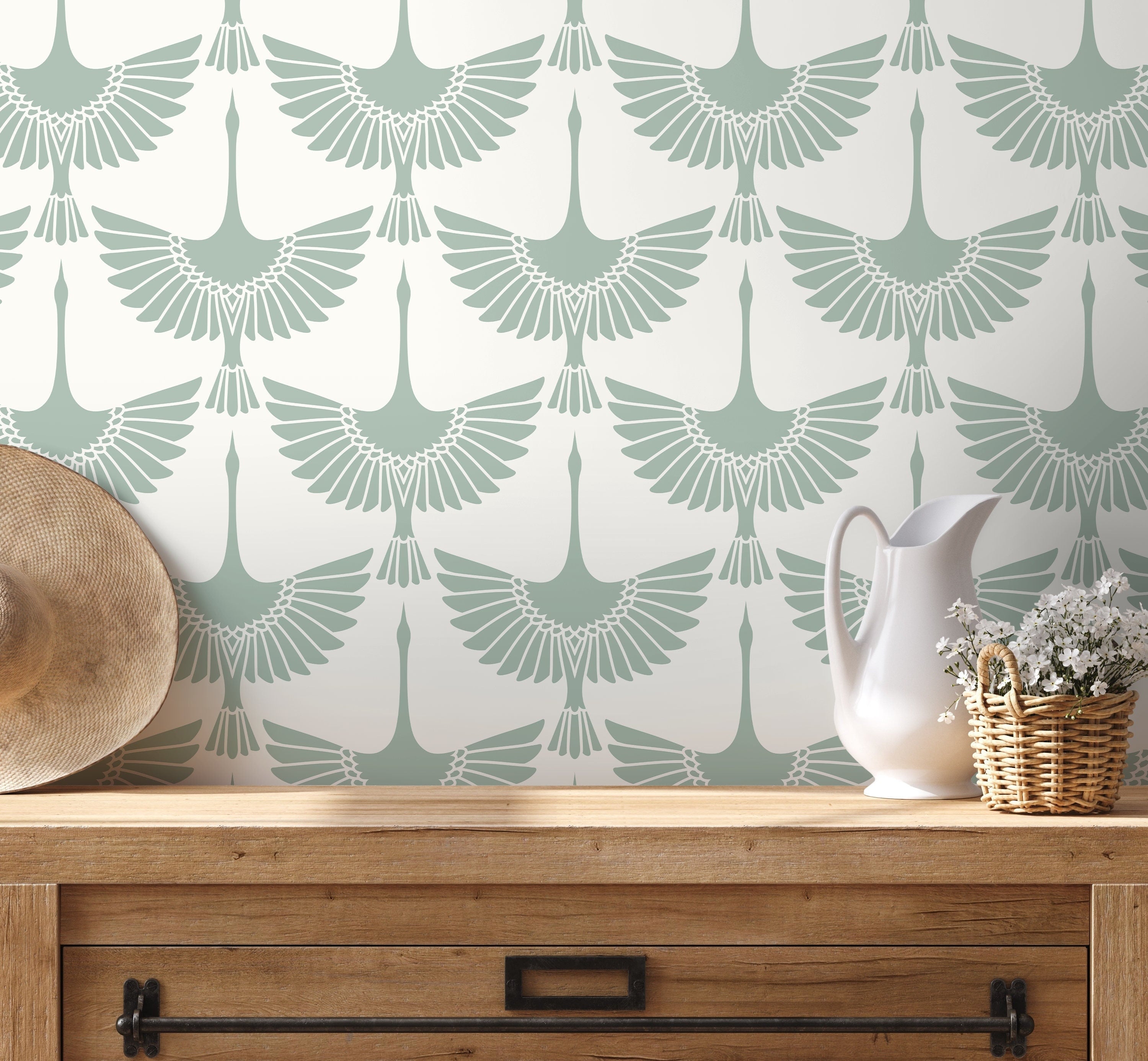 Bird Wallpaper With A Symmetrical Swan Motif In Mint Green - D259
