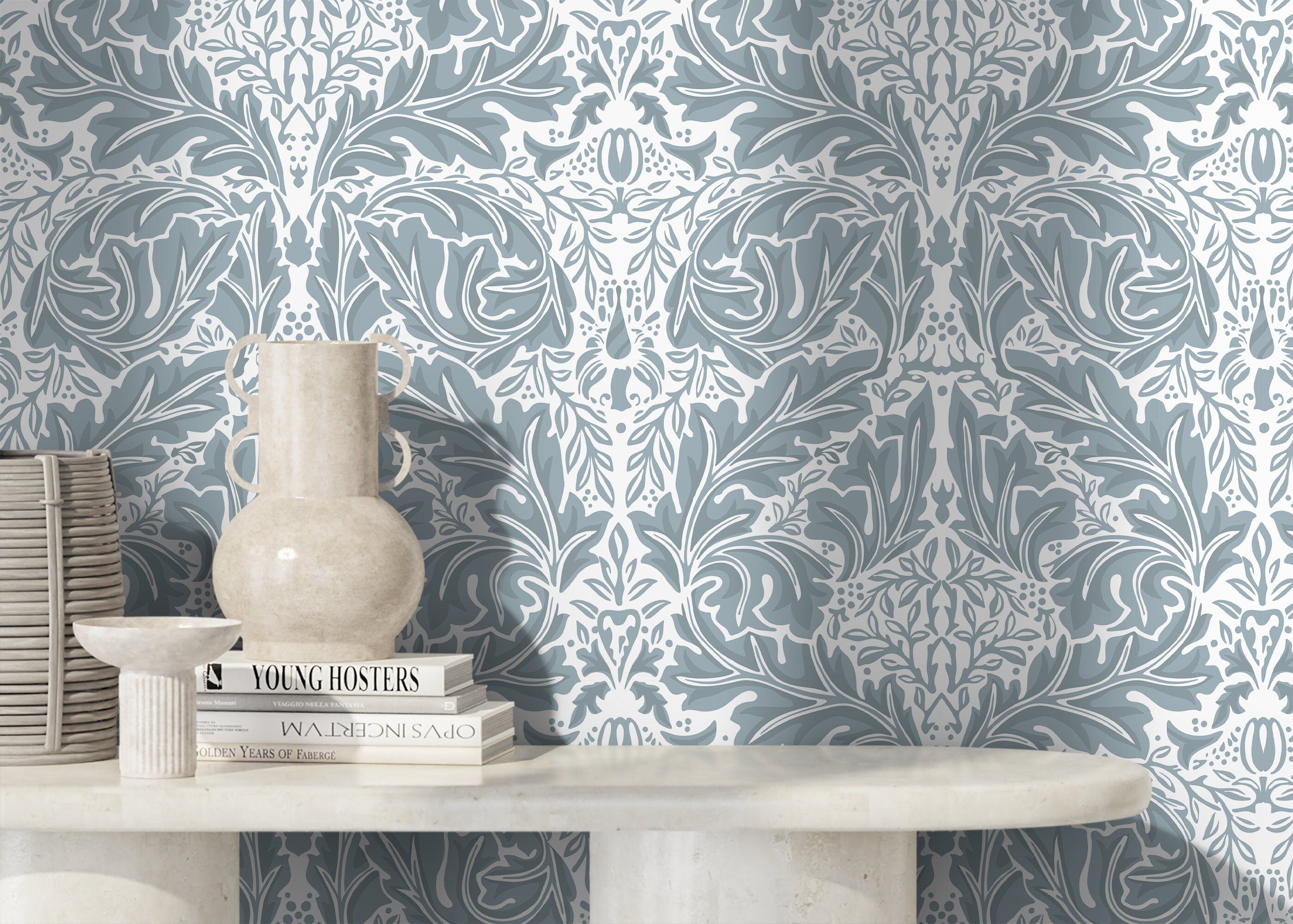 Victorian Wallpaper With An Elegant Botanical Damask In Light Blue - D268