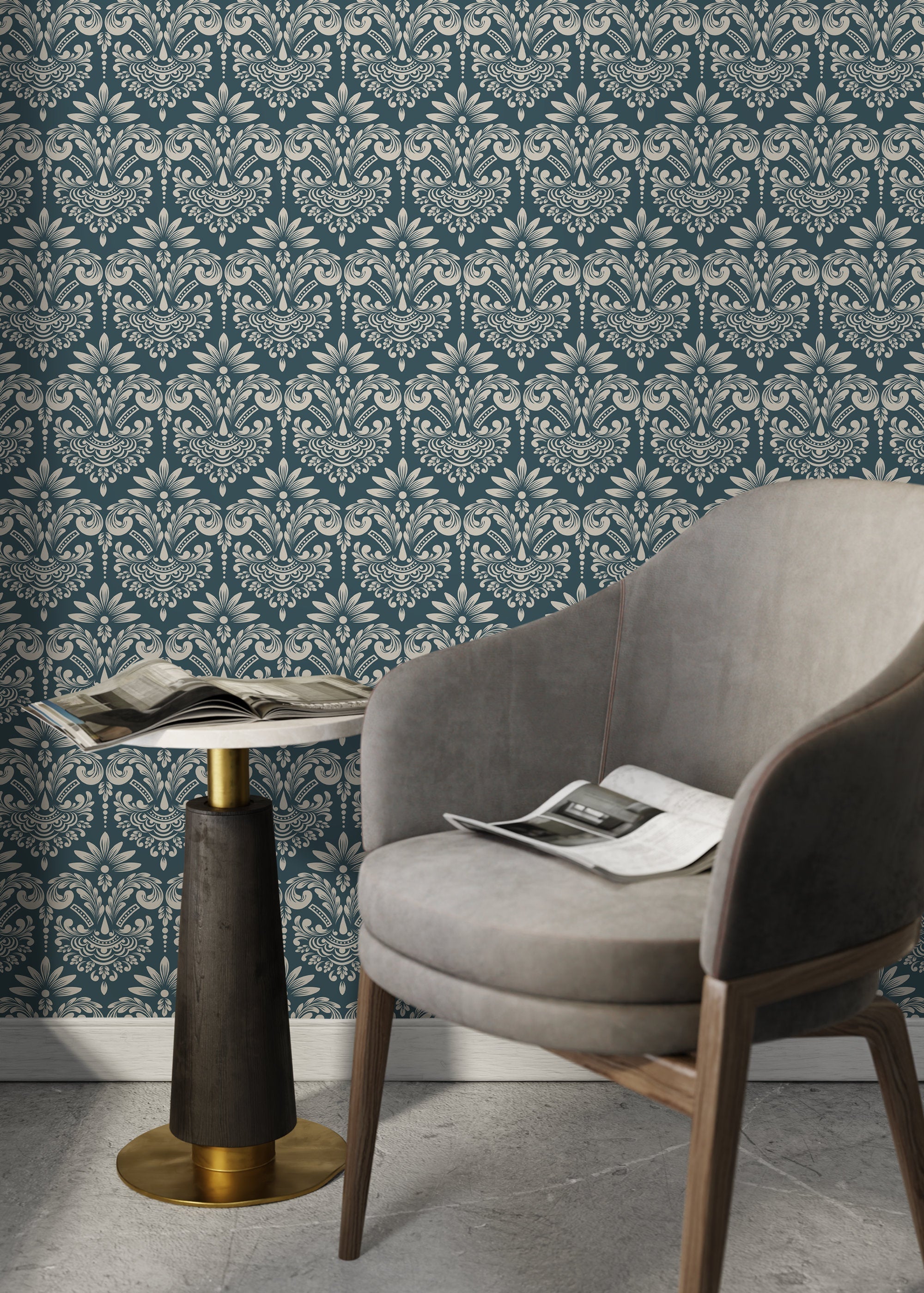 Damask Wallpaper With An Intricate Scrolling Motif In Teal And Cream - D252