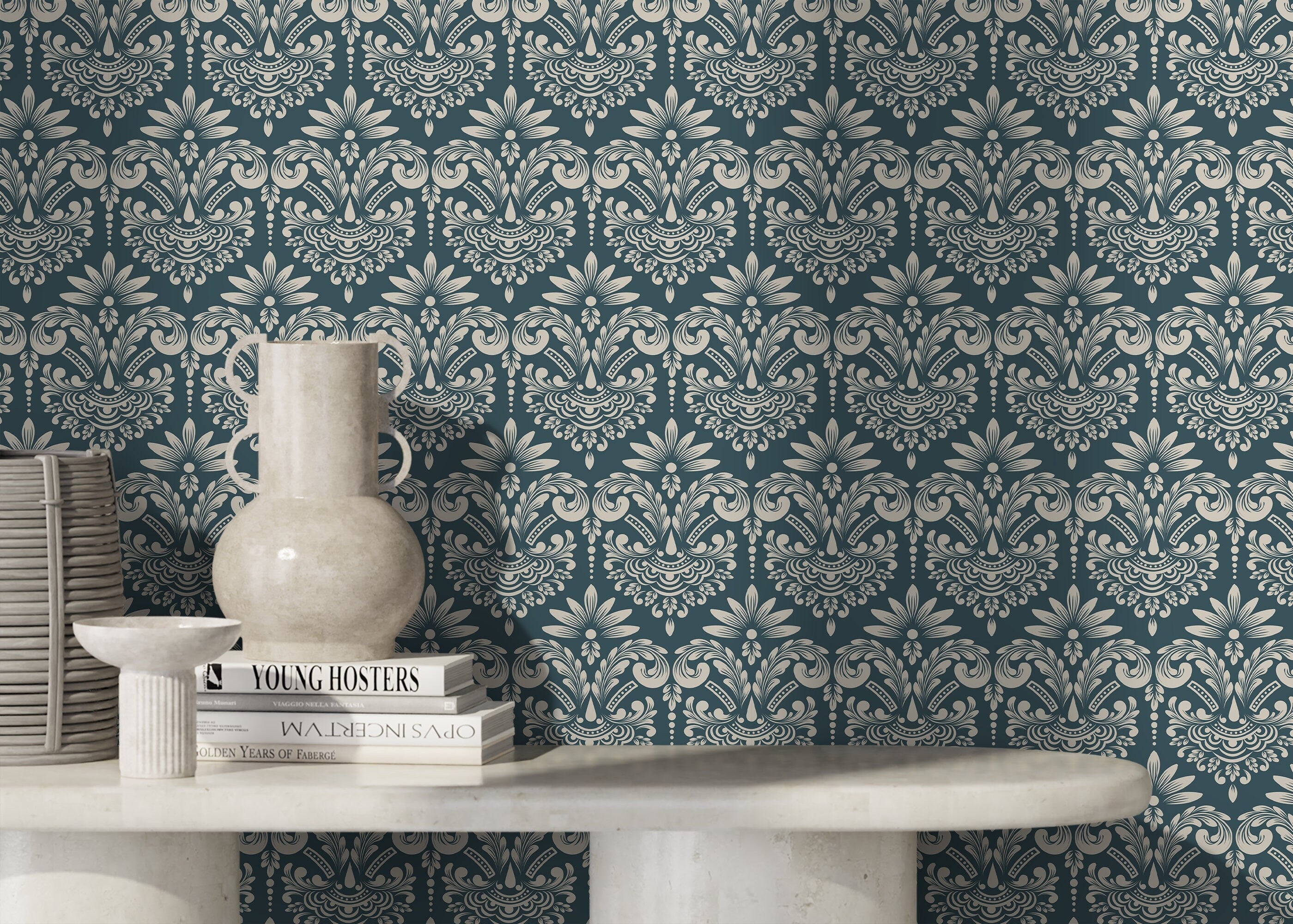 Damask Wallpaper With An Intricate Scrolling Motif In Teal And Cream - D252