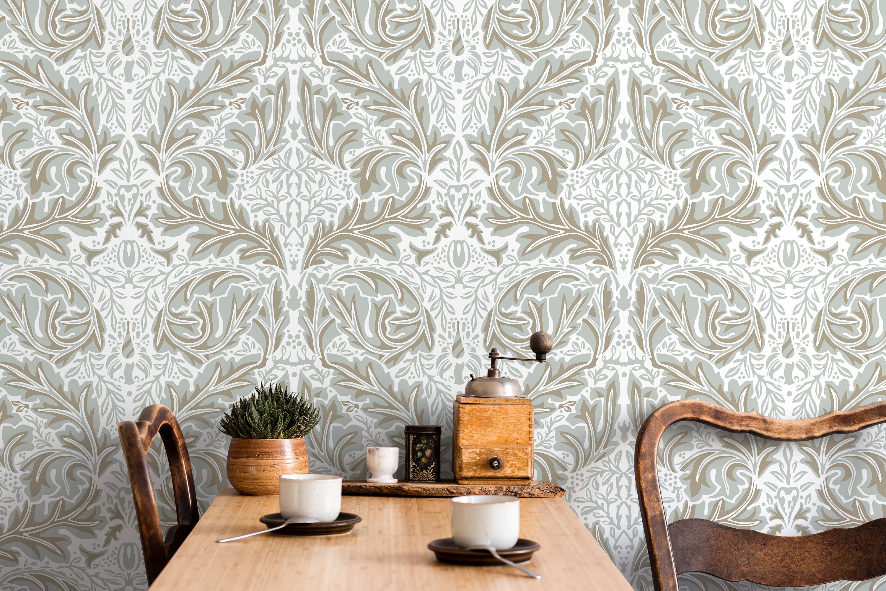 Damask Wallpaper With A Classic Acanthus Leaf Motif In Taupe And Grey - D269