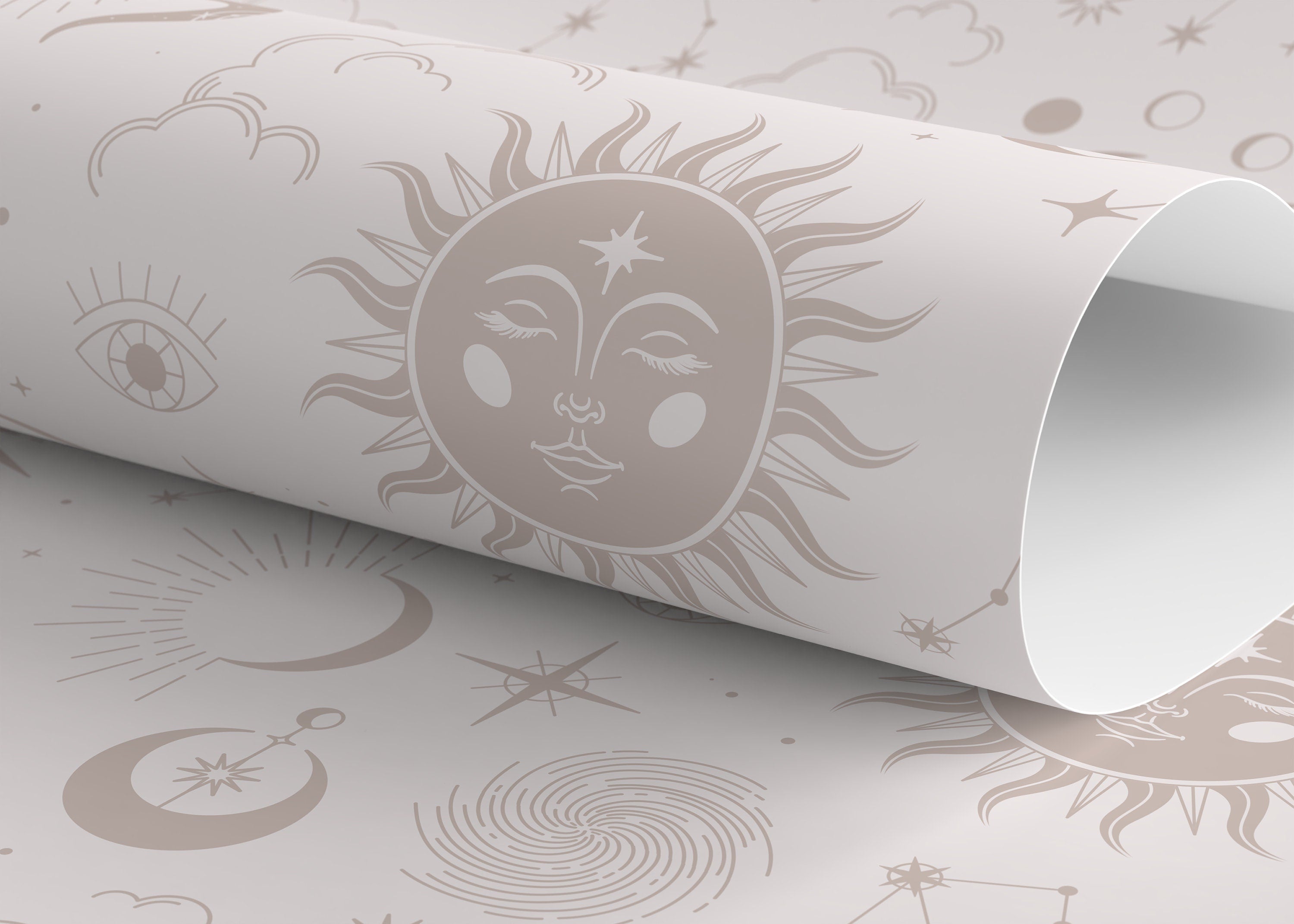 Celestial Wallpaper With Mystical Sun, Moon, And Snake Motifs In Beige - D345
