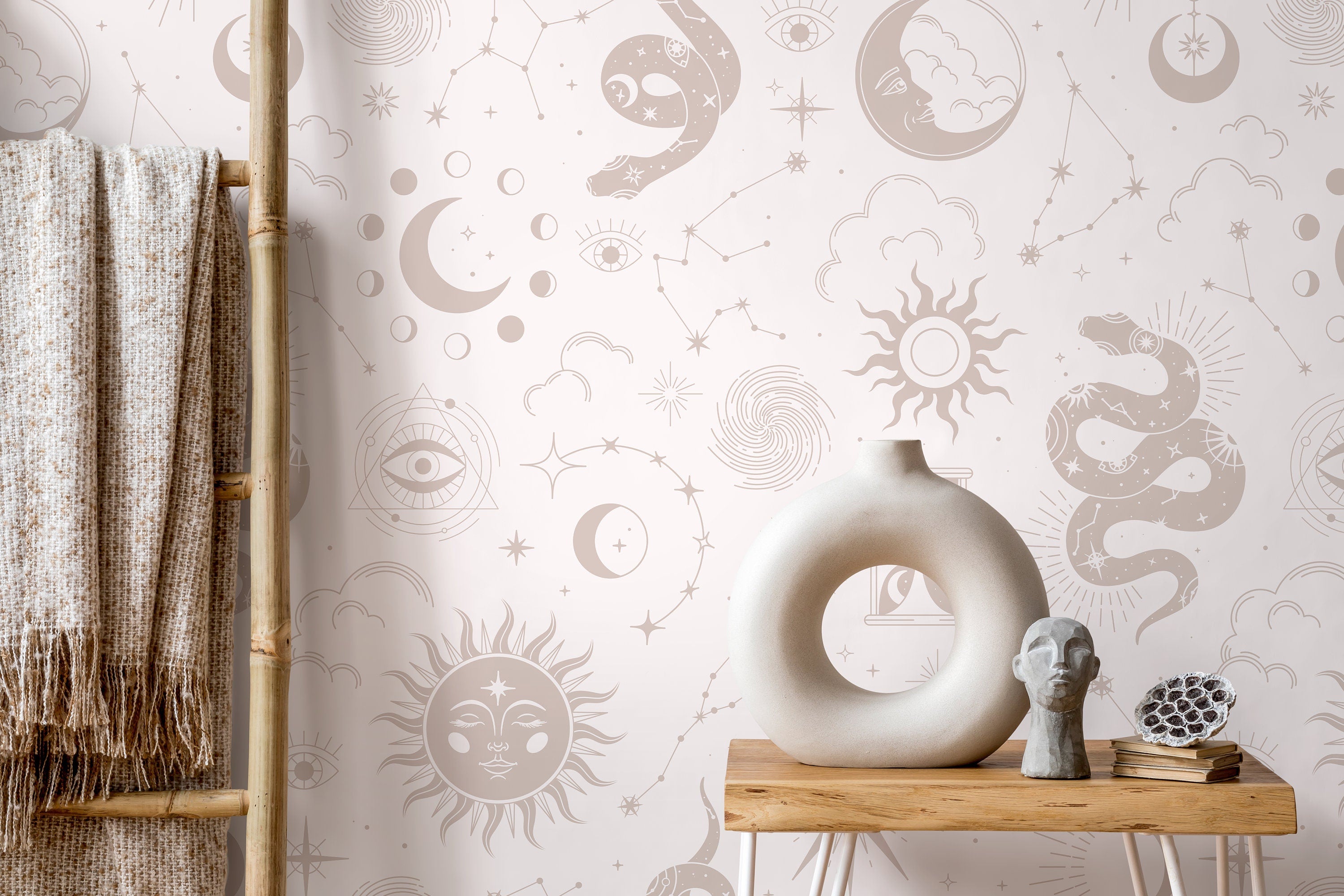 Celestial Wallpaper With Mystical Sun, Moon, And Snake Motifs In Beige - D345