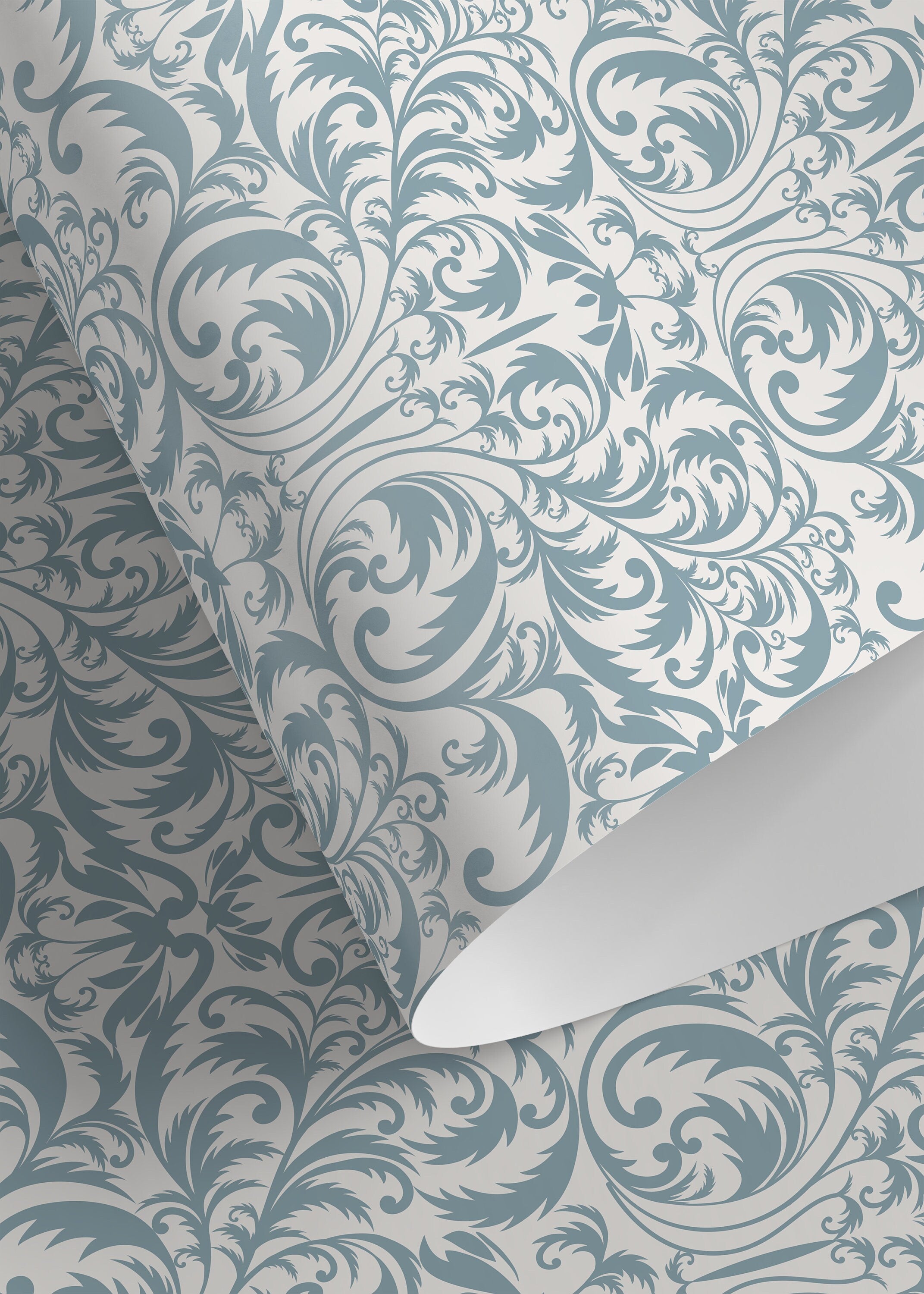 Victorian Wallpaper With An Elegant Damask Motif In Light Blue And Off-white - D365