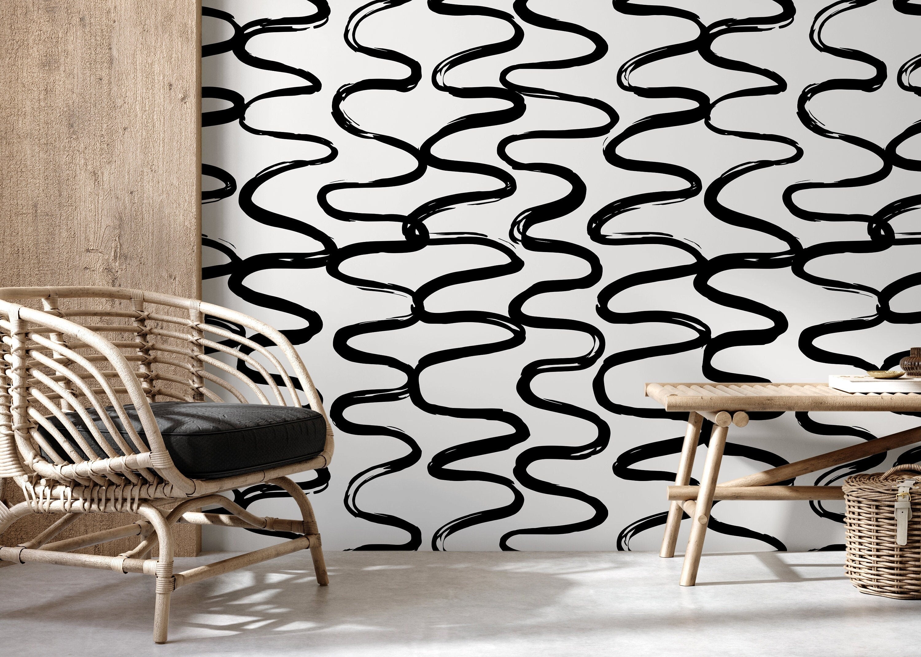 Abstract Wallpaper With Wavy Brush Strokes In Black And White - D350