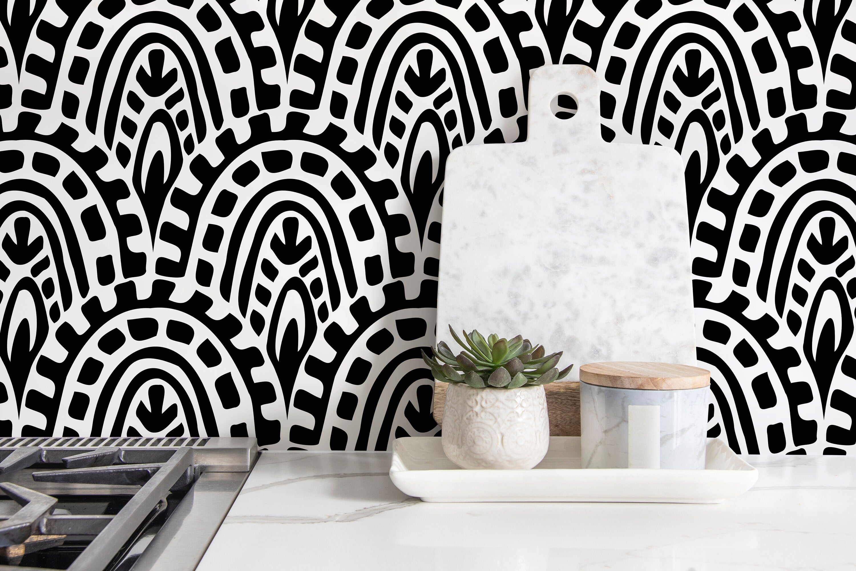 Abstract Wallpaper Featuring Bold Bohemian Arches In Black And White - D352