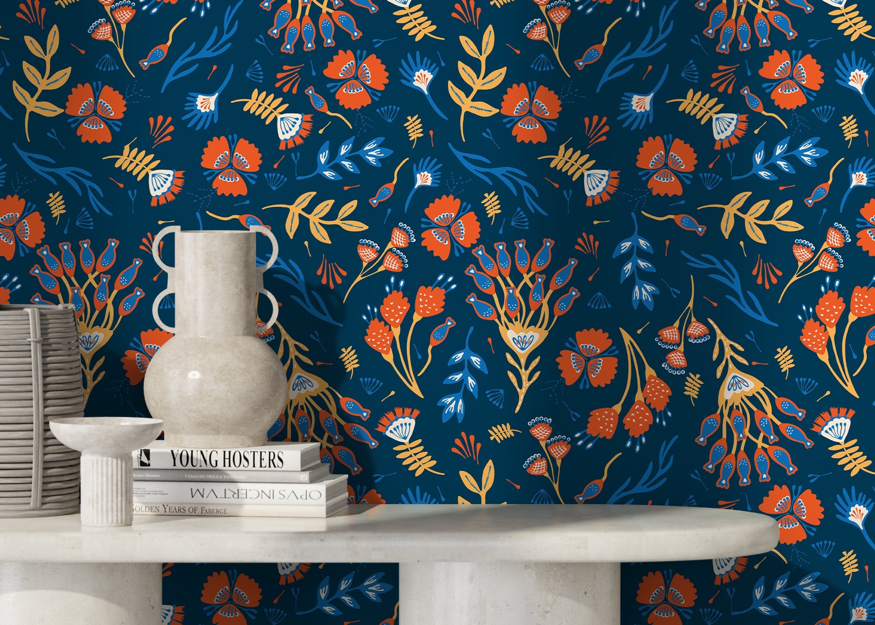 Floral Wallpaper With A Folk Art Motif In Orange, Blue, And Yellow - D359