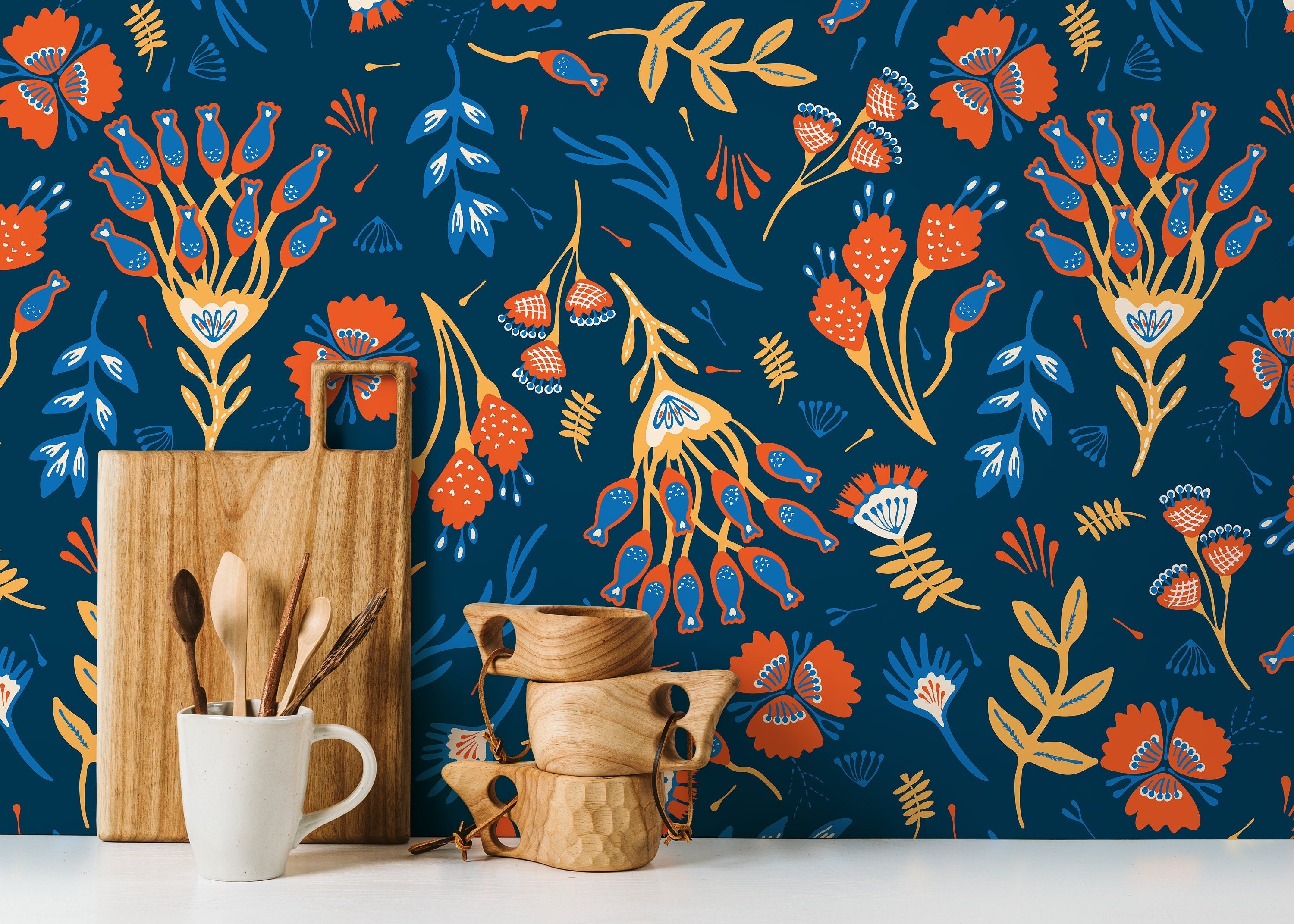 Floral Wallpaper With A Folk Art Motif In Orange, Blue, And Yellow - D359
