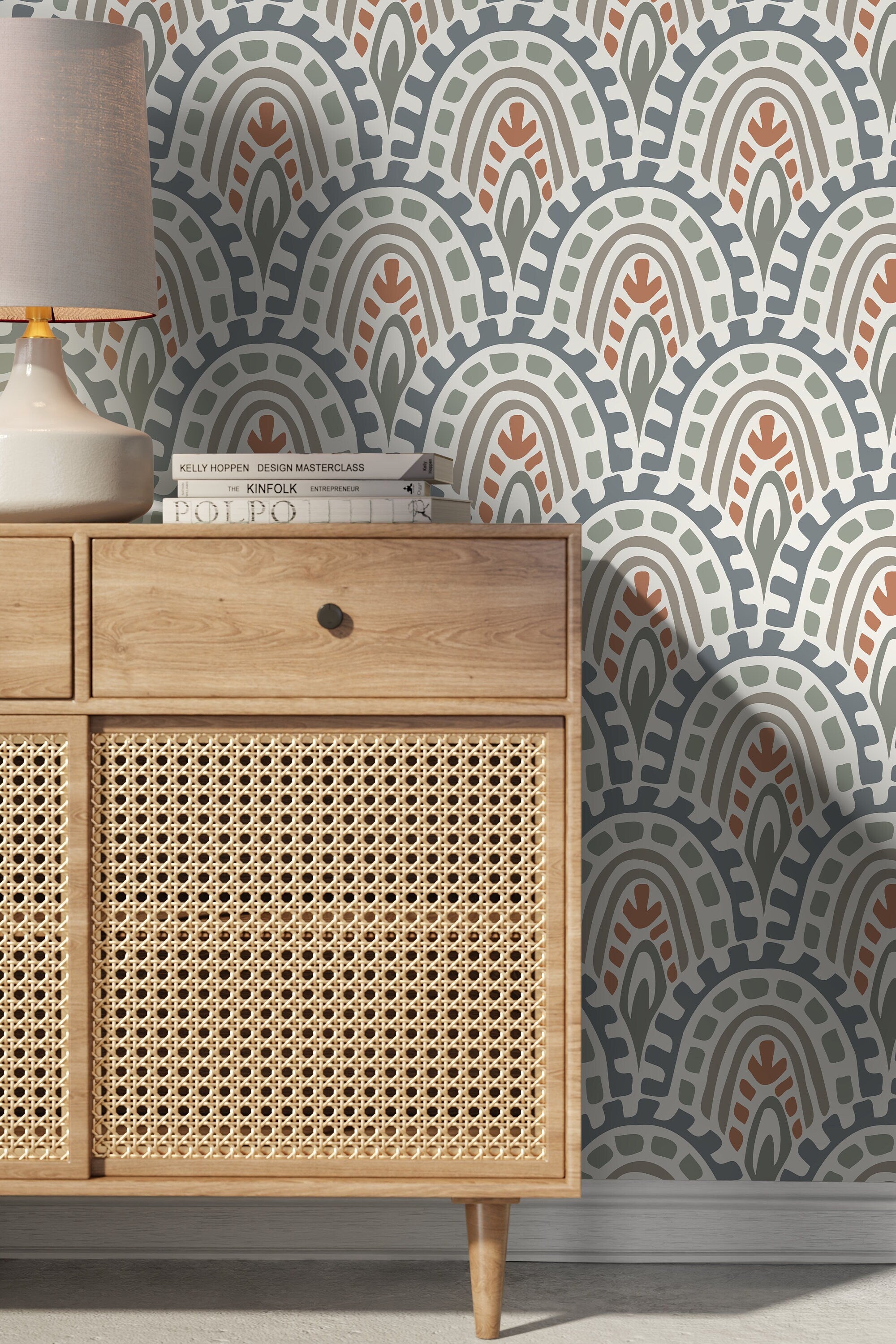 Abstract Wallpaper With Bohemian Arch Motifs In Blue, Green, And Terracotta - D355